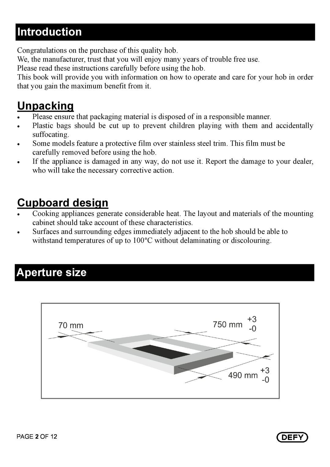 Defy Appliances DHD 395 owner manual Introduction, Unpacking, Cupboard design, Aperture size 