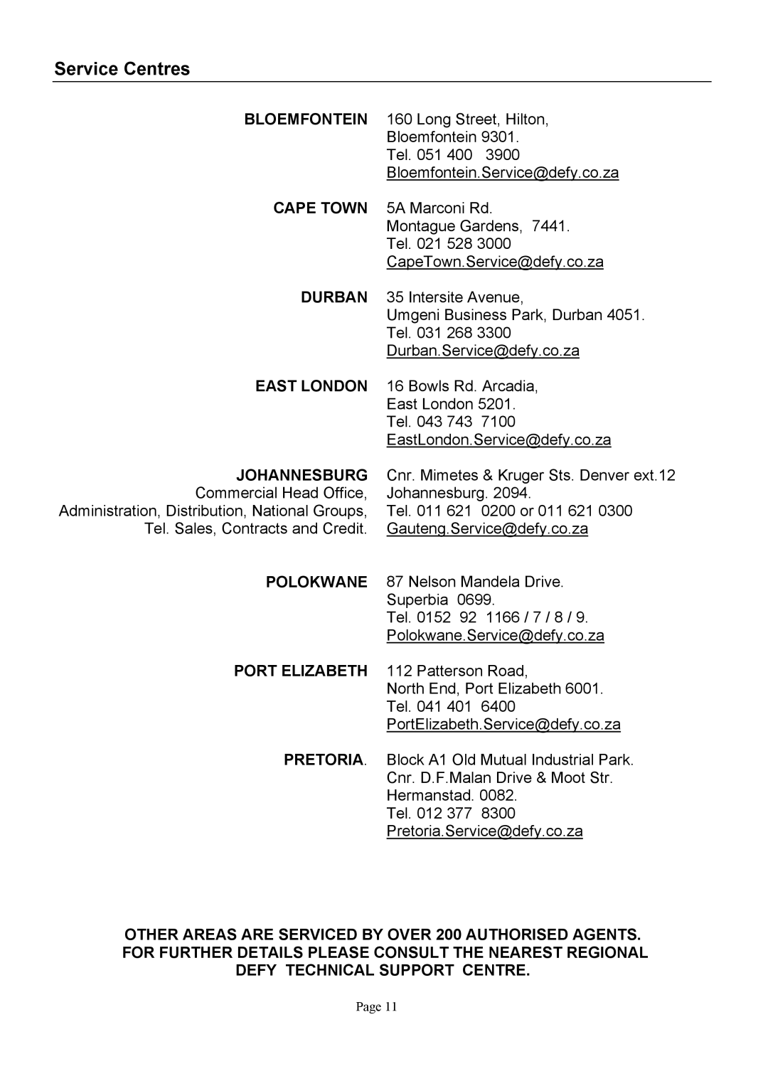 Defy Appliances DHD317, DHD316 owner manual Service Centres 