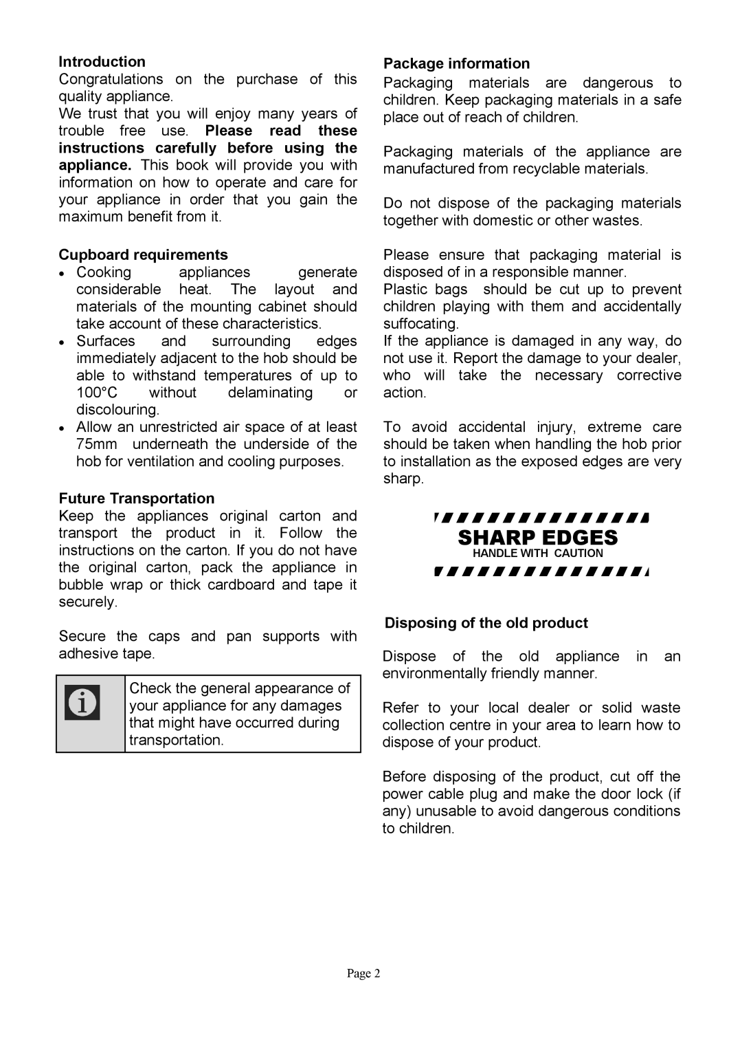 Defy Appliances DHD316, DHD317 owner manual Introduction, Cupboard requirements, Future Transportation, Package information 