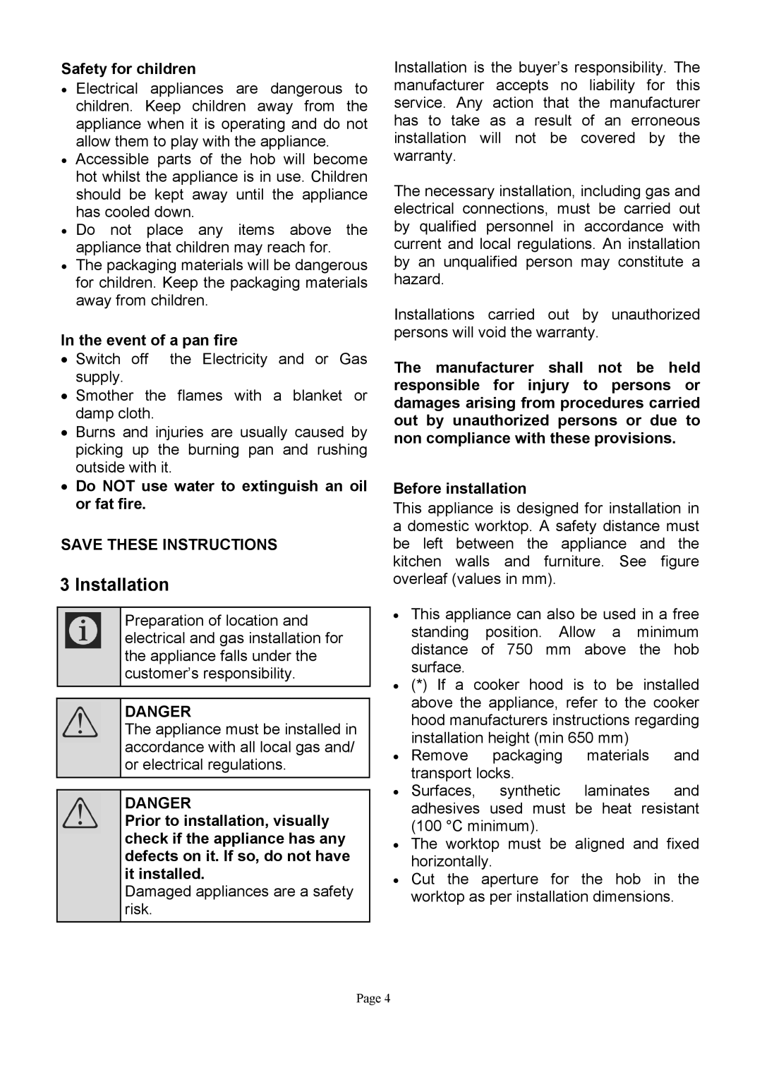 Defy Appliances DHD316, DHD317 owner manual Installation, Safety for children, Event of a pan fire 