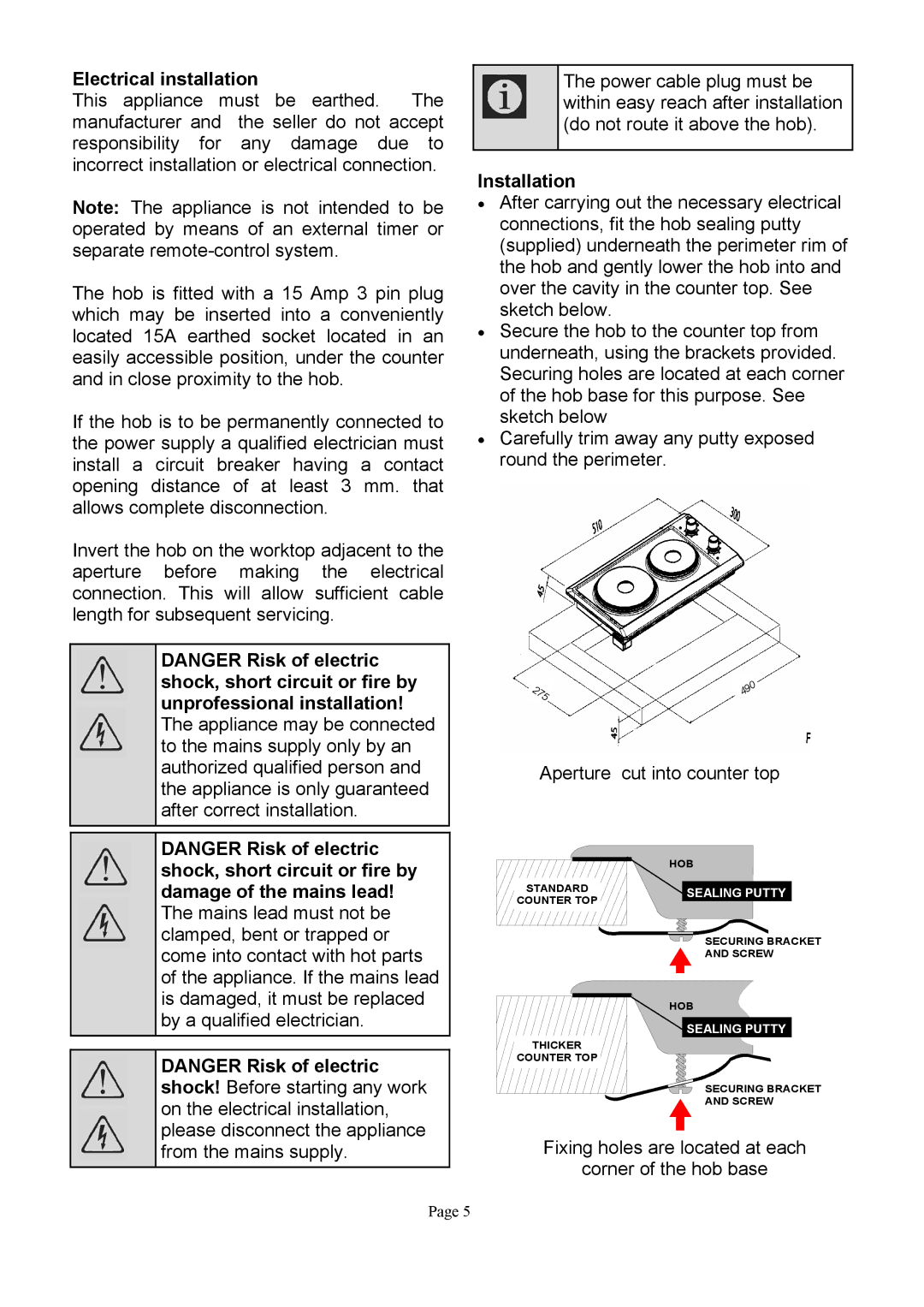 Defy Appliances DHD317, DHD316 owner manual Electrical installation, Installation 