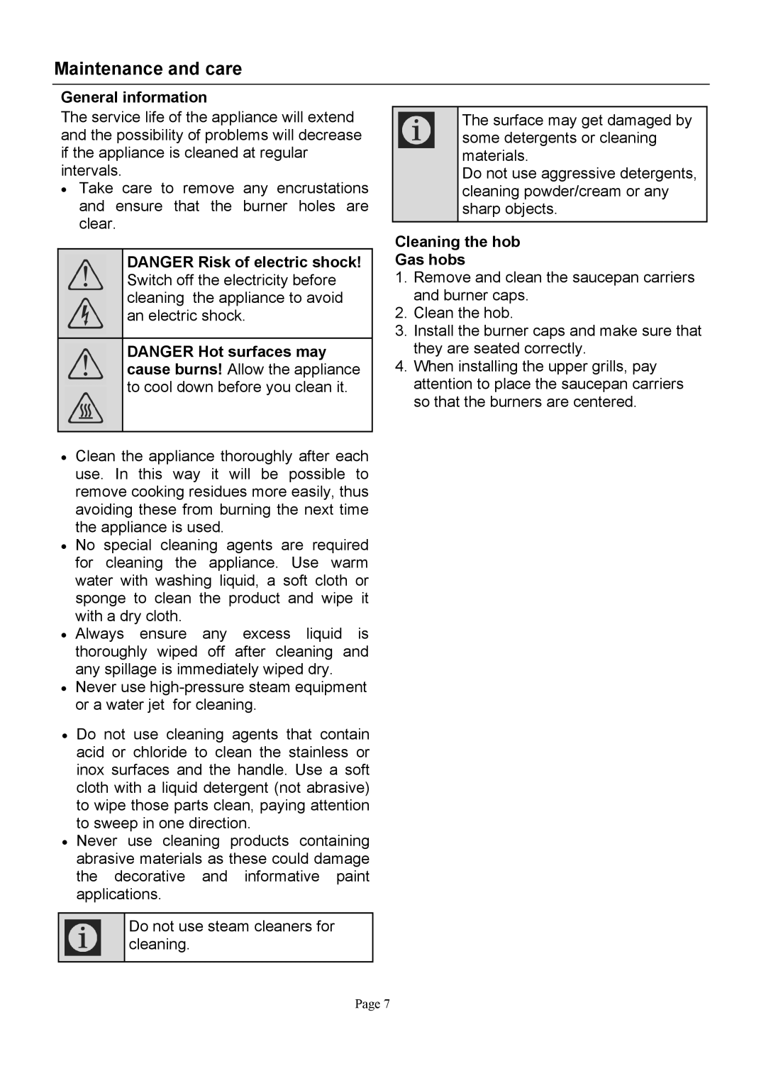 Defy Appliances DHD317, DHD316 owner manual Maintenance and care, General information, Cleaning the hob Gas hobs 