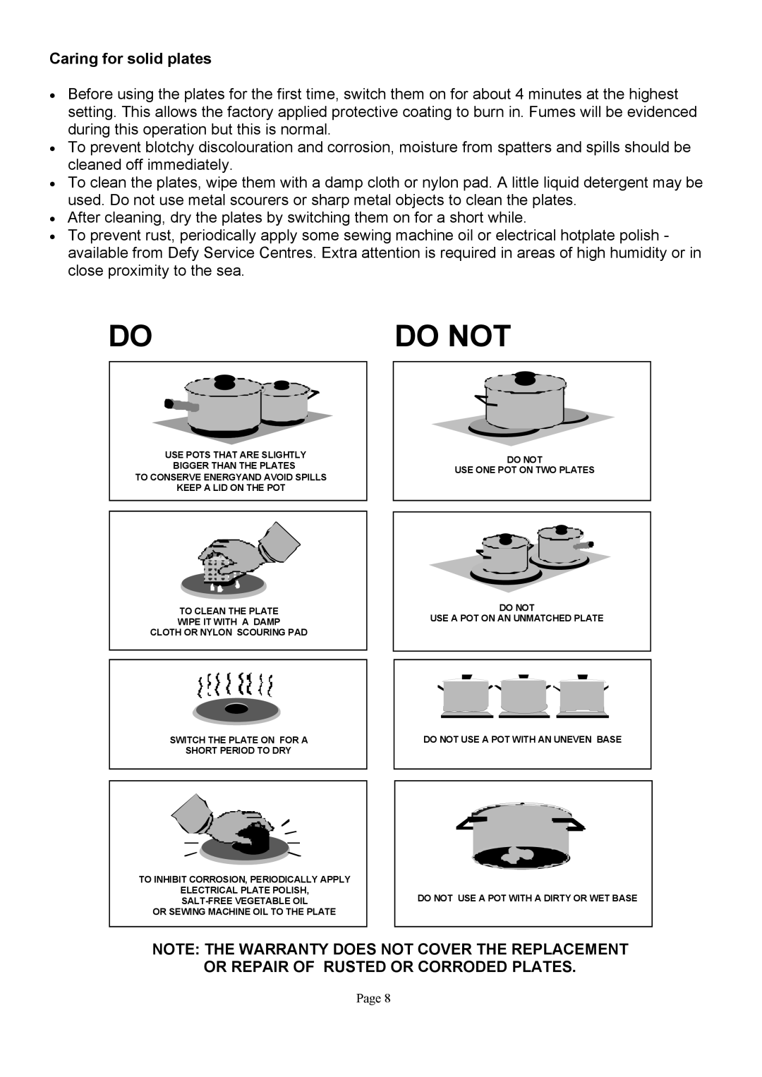 Defy Appliances DHD316, DHD317 owner manual Caring for solid plates, Or Repair of Rusted or Corroded Plates 