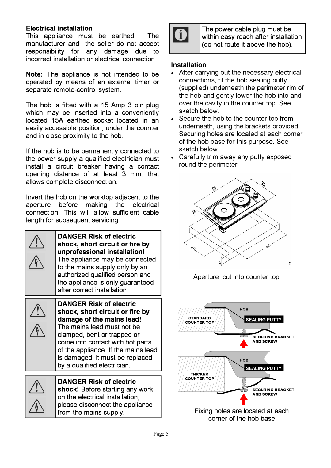 Defy Appliances DHD317, DHD316 owner manual Electrical installation, Installation 