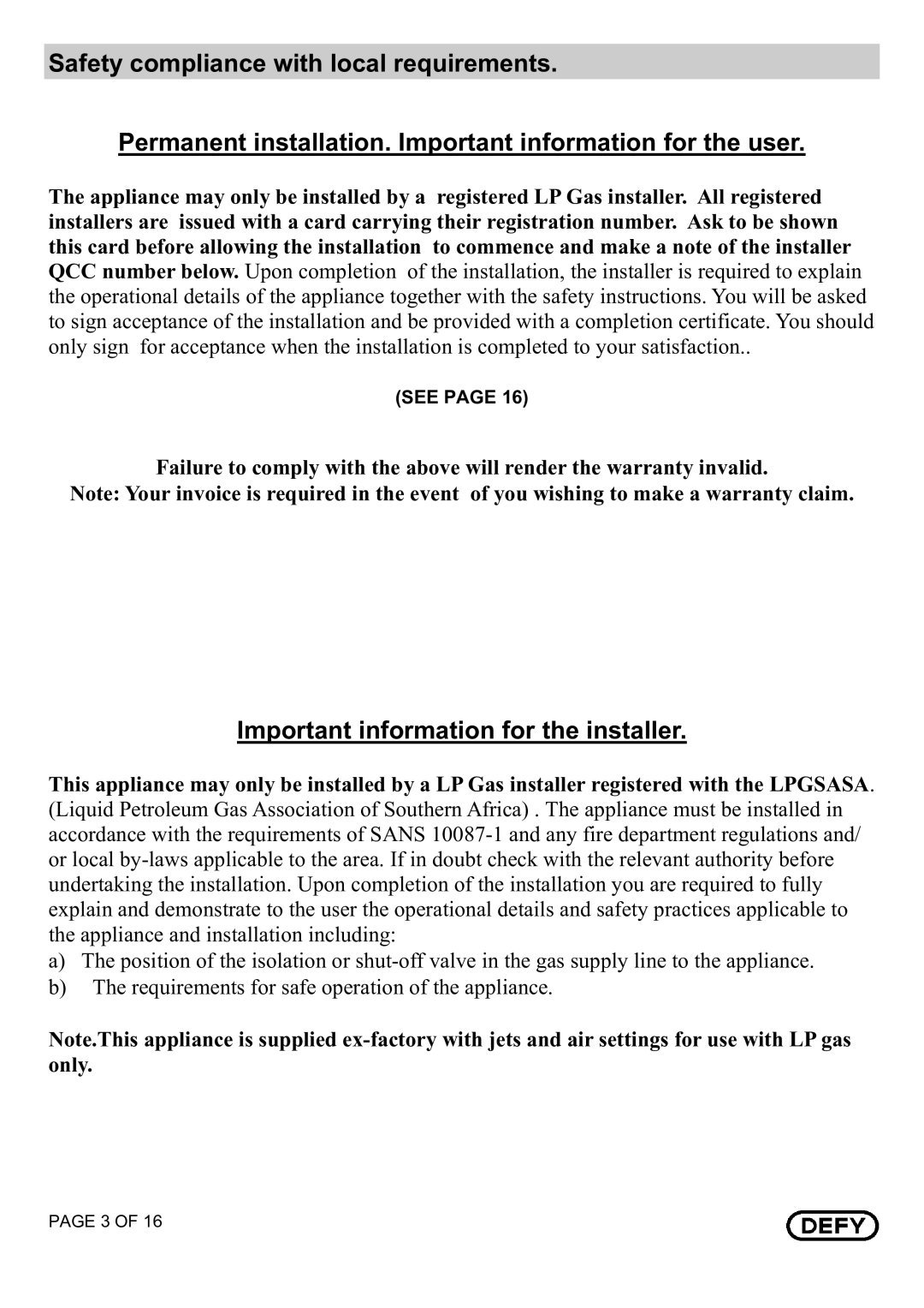 Defy Appliances DHG 122, DHG 121 owner manual Important information for the installer 