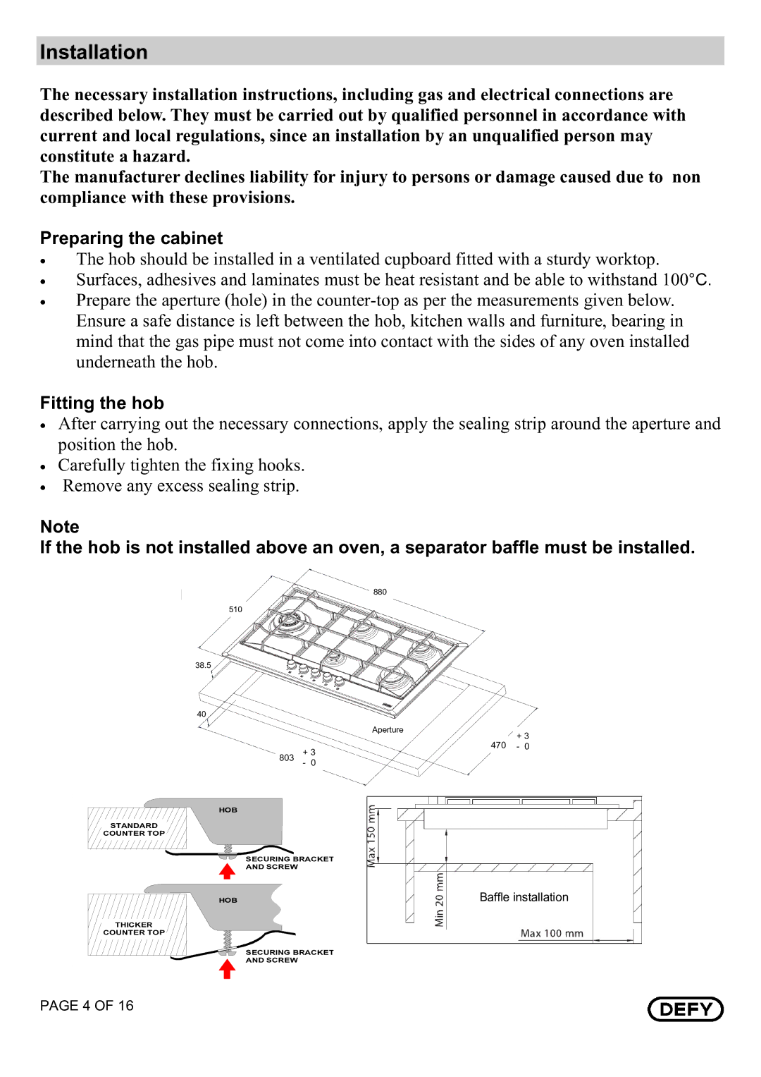 Defy Appliances DHG 121, DHG 122 owner manual Installation, Preparing the cabinet, Fitting the hob 