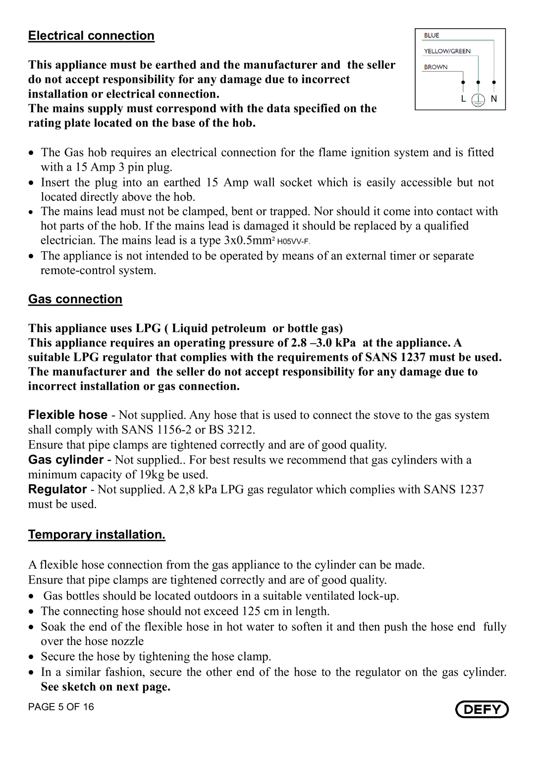 Defy Appliances DHG 122, DHG 121 owner manual Electrical connection, Gas connection, Temporary installation 