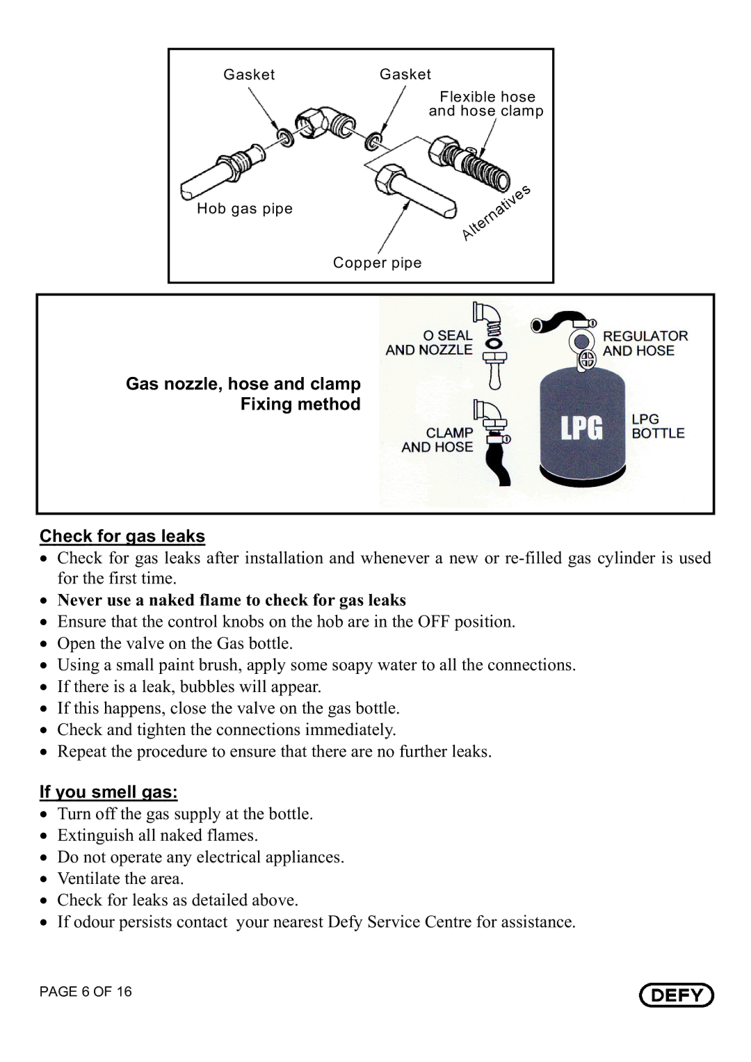 Defy Appliances DHG 121, DHG 122 owner manual Gas nozzle, hose and clamp Fixing method Check for gas leaks, If you smell gas 