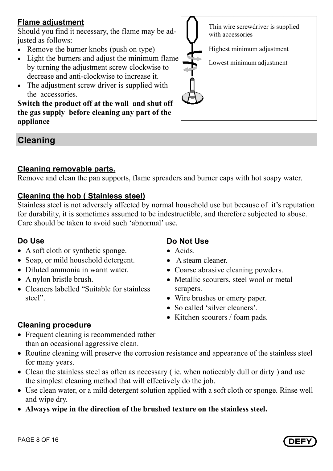 Defy Appliances DHG 121, DHG 122 owner manual Cleaning 