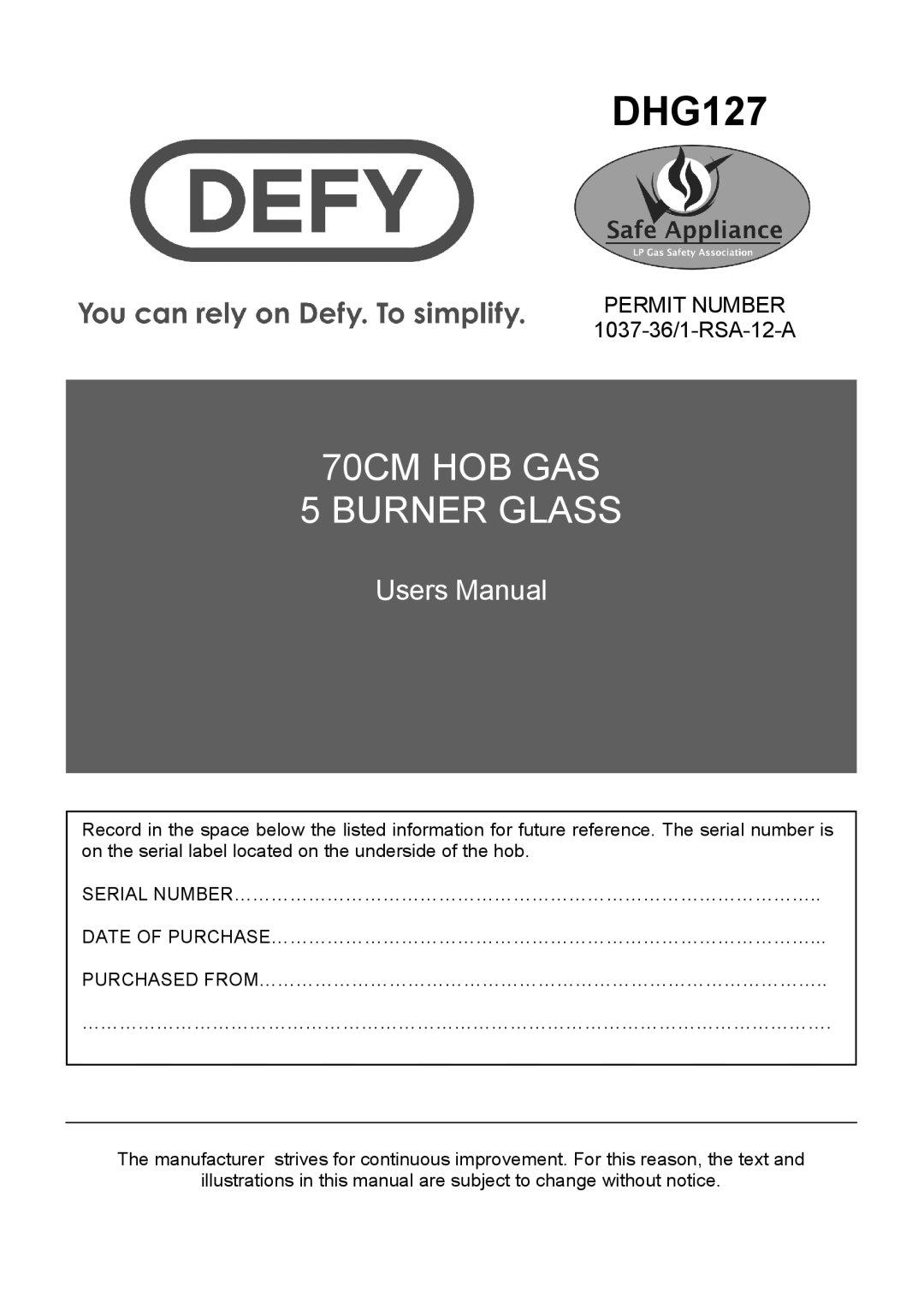 Defy Appliances DHG127 manual 012134022052 