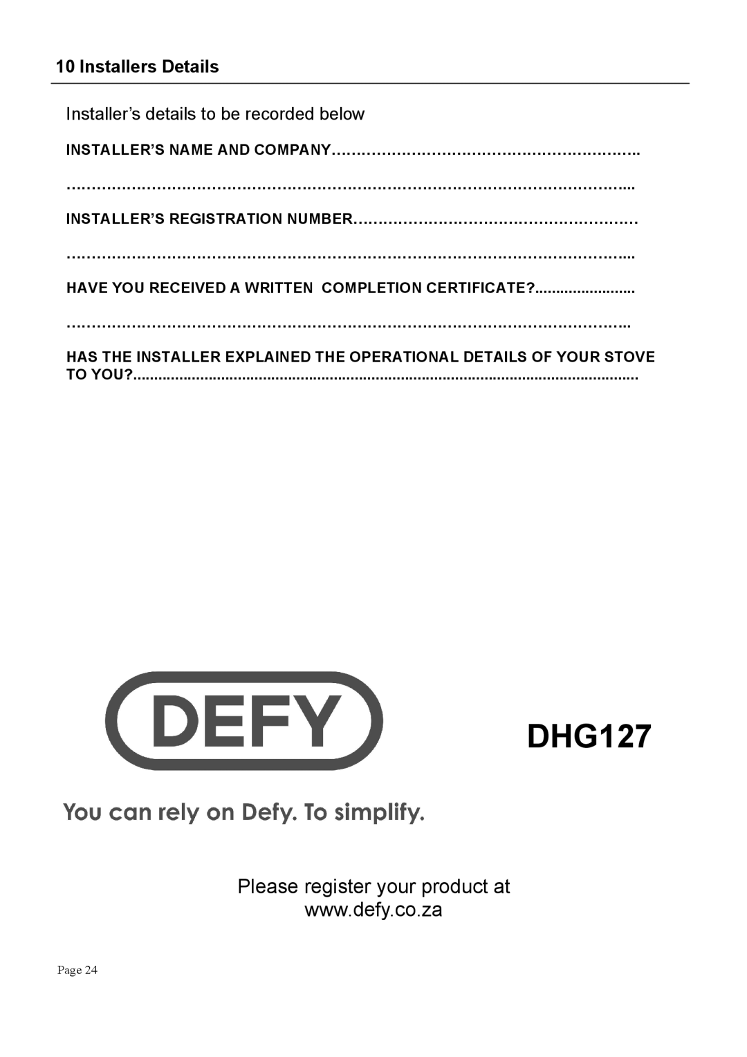 Defy Appliances DHG127 manual +&**%+&,*+, Fmmmmmmmmmmmmmmmmmmmm 