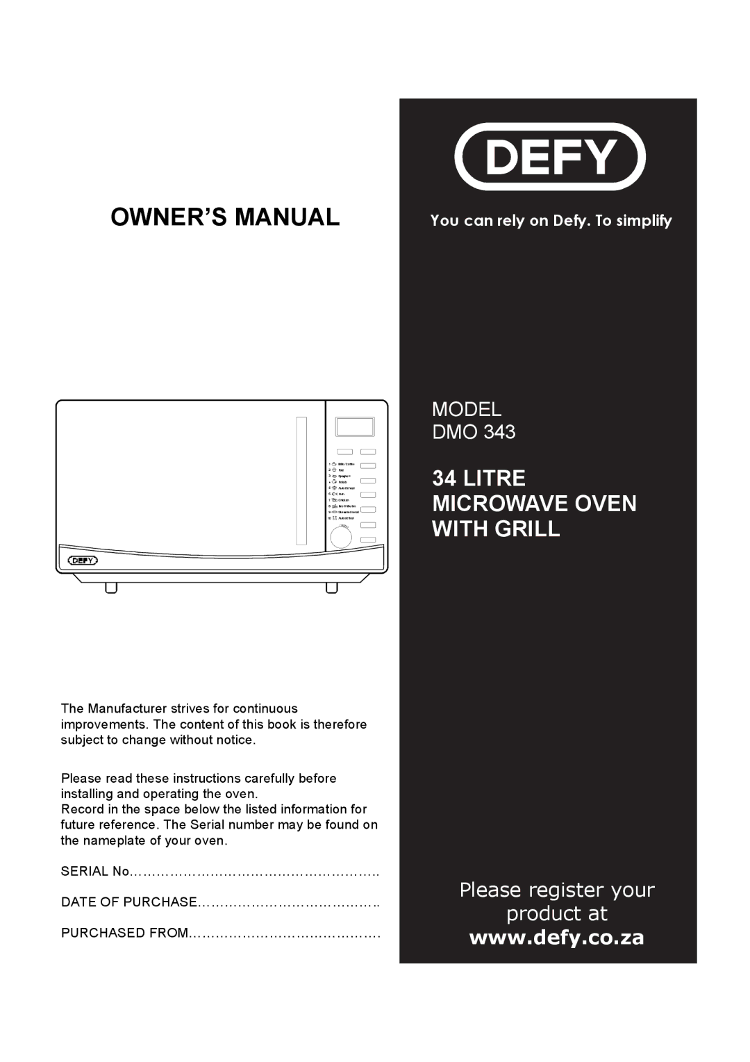 Defy Appliances DMO 343 owner manual Litre Microwave Oven with Grill 