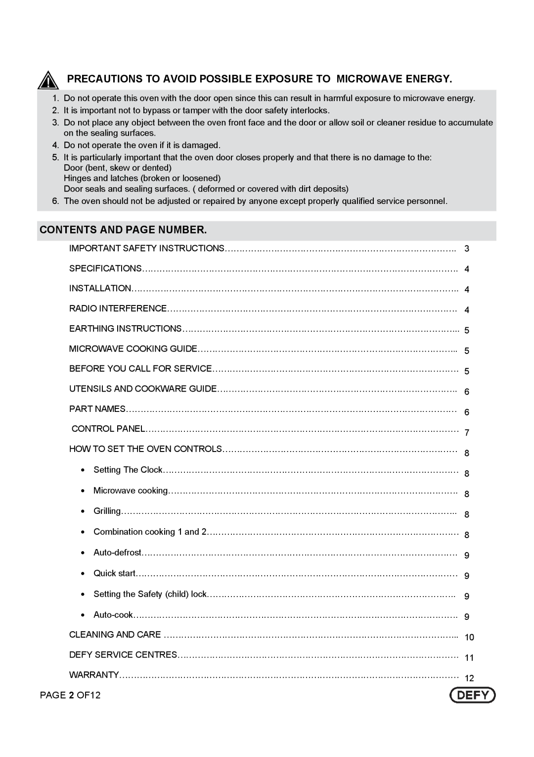 Defy Appliances DMO 343 owner manual Precautions to Avoid Possible Exposure to Microwave Energy, Contents and page Number 