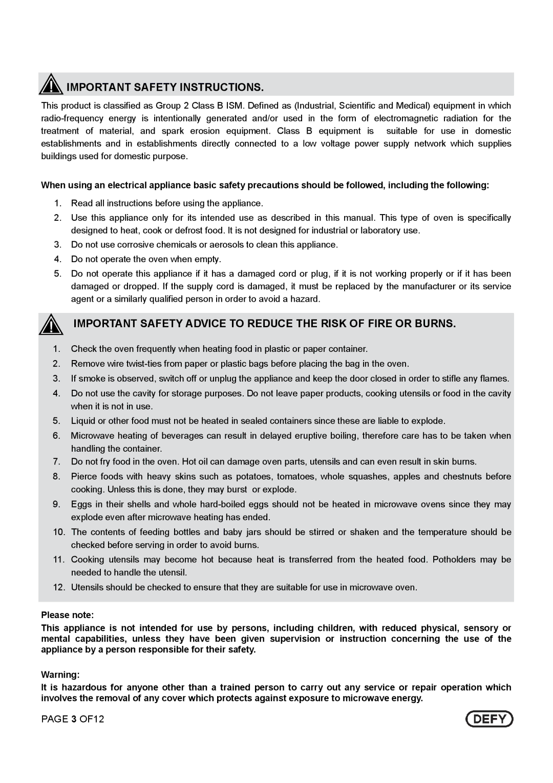 Defy Appliances DMO 343 Important Safety Instructions, Important Safety Advice to Reduce the Risk of Fire or Burns 