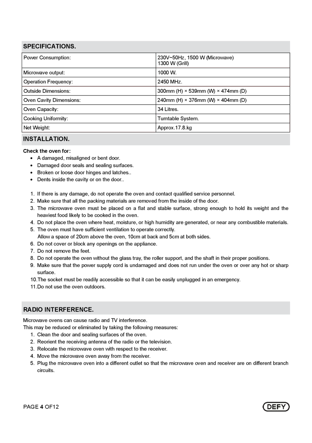 Defy Appliances DMO 343 owner manual Specifications, Installation, Radio Interference, Check the oven for 