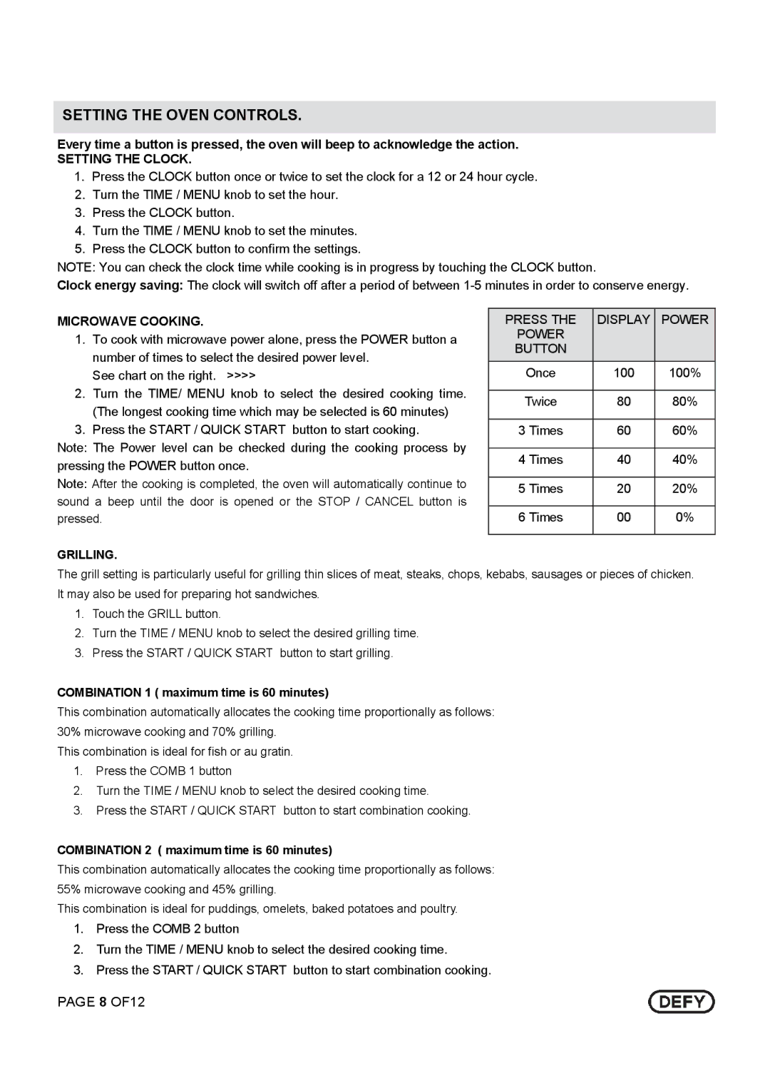 Defy Appliances DMO 343 owner manual Setting the Oven Controls, Setting the Clock, Microwave Cooking, Grilling 