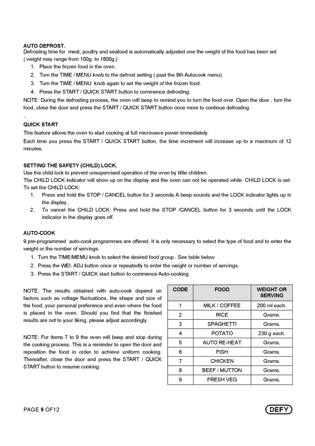 Defy Appliances DMO 343 Auto Defrost, Quick Start, Setting the Safety Child Lock, Auto-Cook, Code Food Weight or 