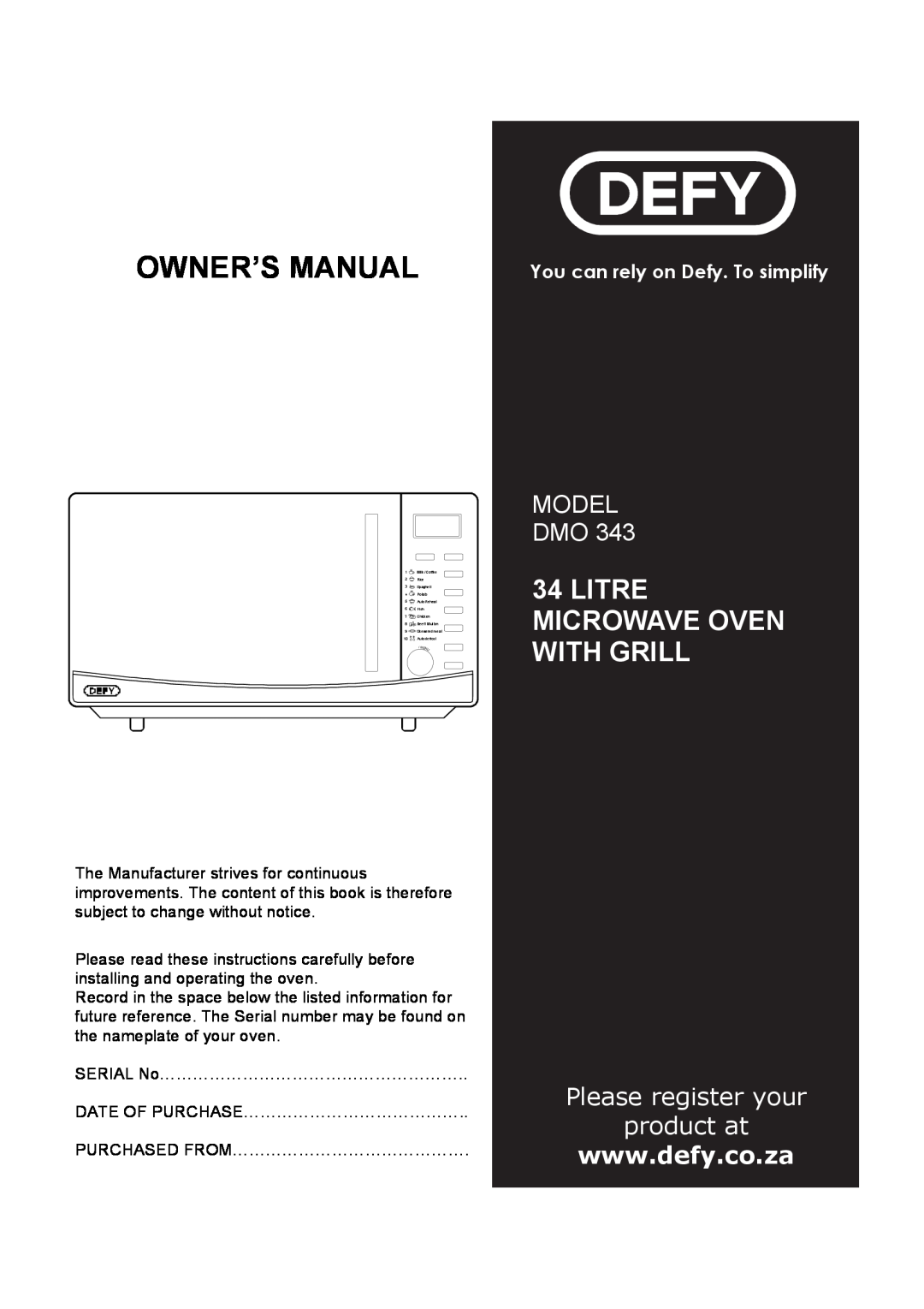 Defy Appliances DMO 343 owner manual 34LITRE MICROWAVE OVEN WITH GRILL, Model Dmo, Please register your product at 