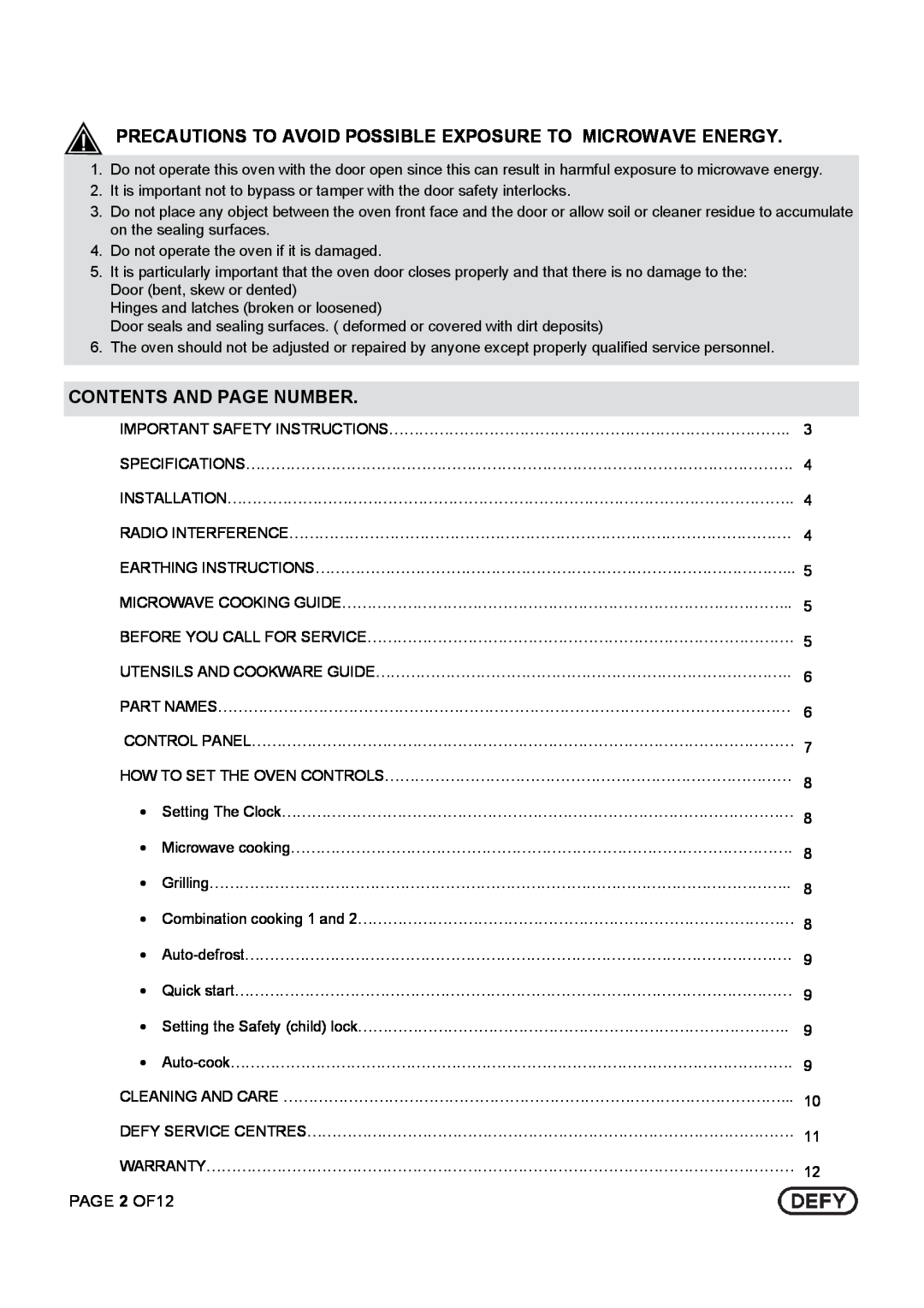 Defy Appliances DMO 343 owner manual Contents And Page Number, PAGE 2 OF12 