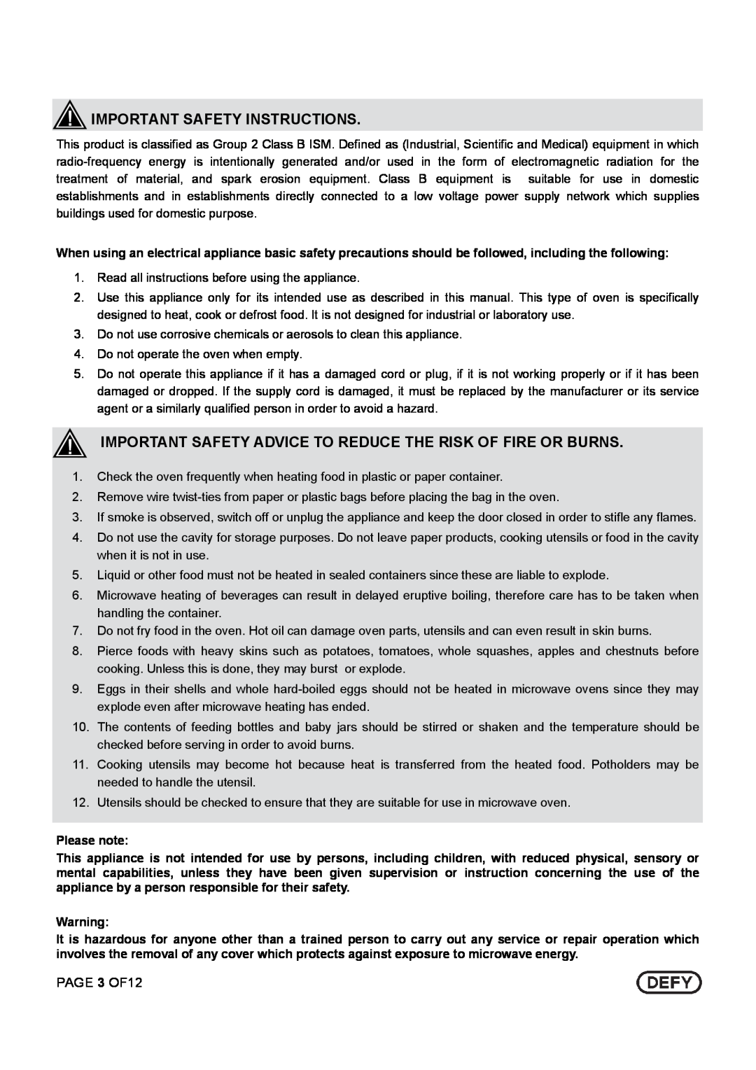 Defy Appliances DMO 343 owner manual Important Safety Instructions, PAGE 3 OF12, Please note 