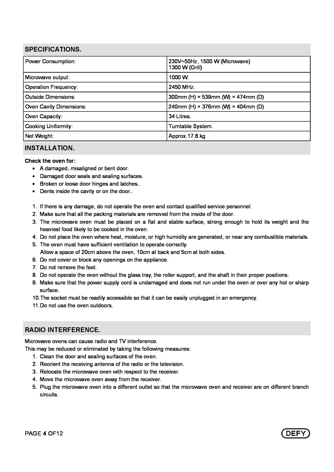Defy Appliances DMO 343 owner manual Specifications, Installation, Radio Interference, PAGE 4 OF12, Check the oven for 