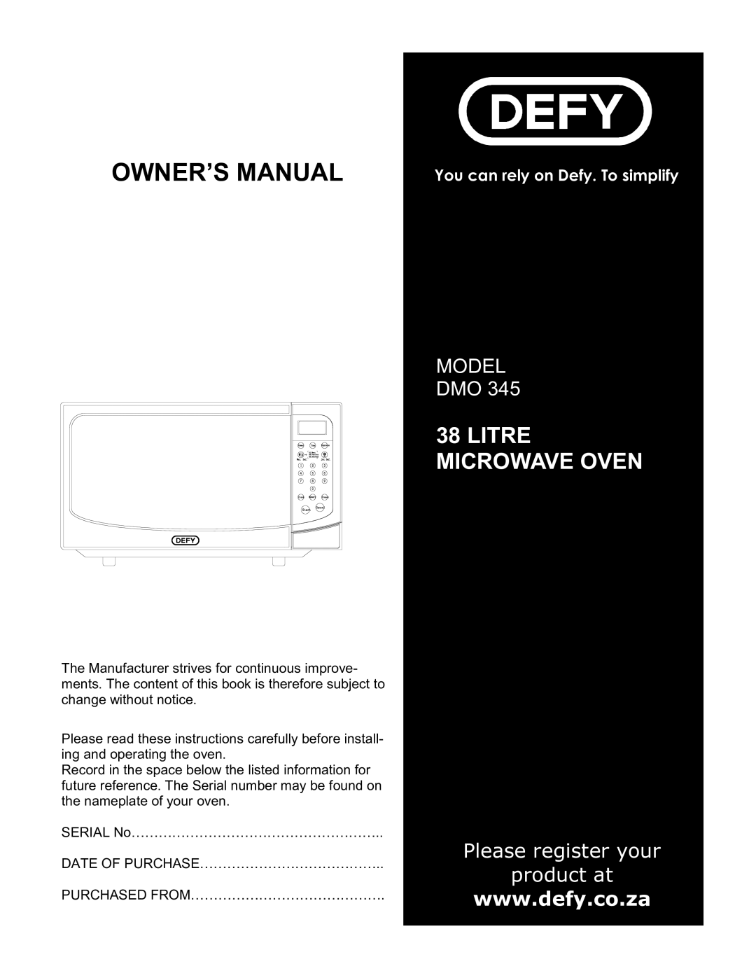 Defy Appliances DMO 345 manual 01+ 