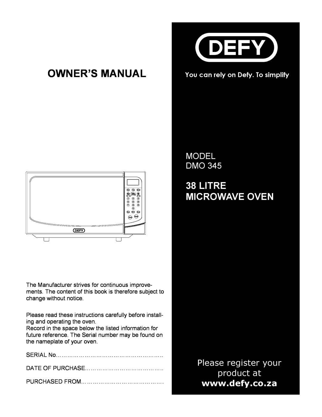 Defy Appliances DMO 345 manual 