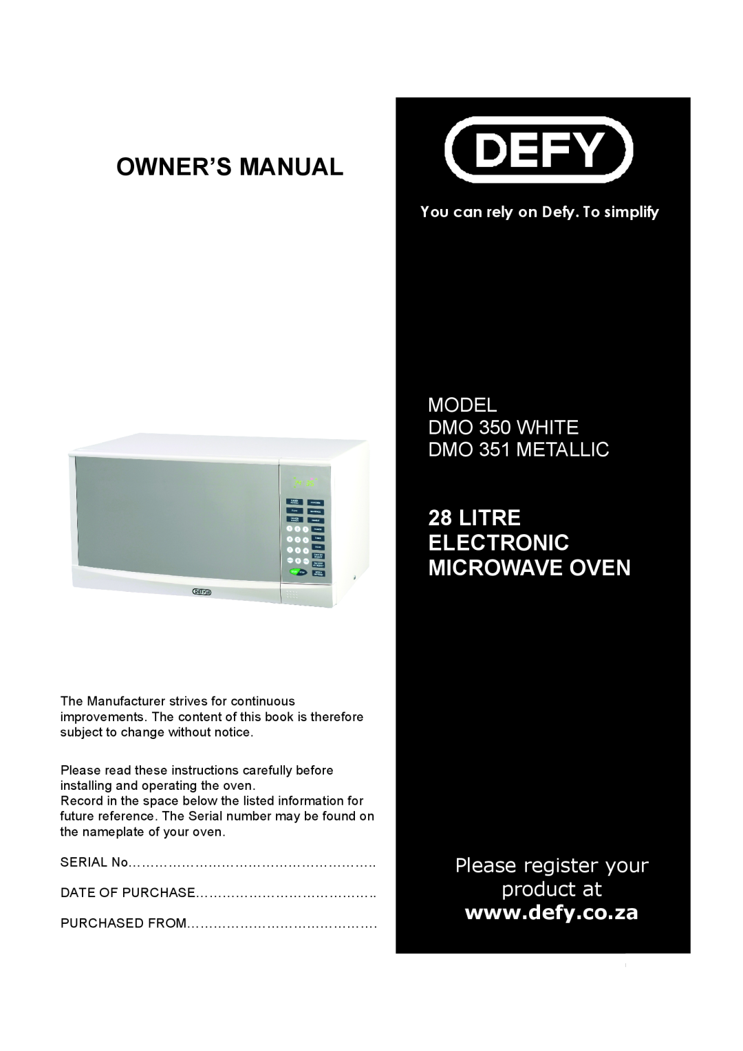 Defy Appliances DMO 351 METALLIC, DMO 350 WHITE manual $& #, + #, 0,-/////////////##, 0,-,//////////////#, # $ %, #-!$!+$ 