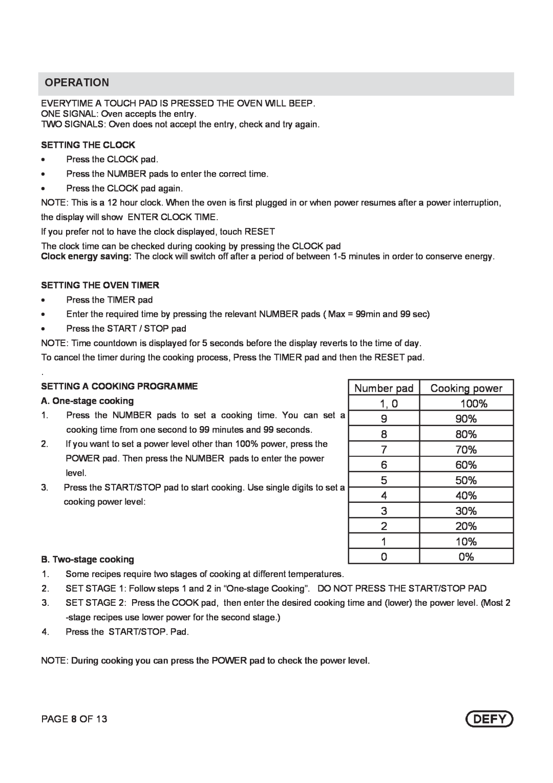 Defy Appliances DMO 350 WHITE, DMO 351 METALLIC manual 