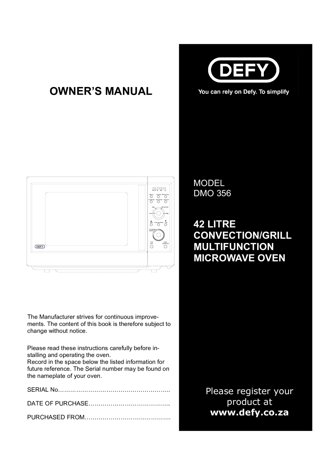 Defy Appliances DMO 356 manual 01+ 