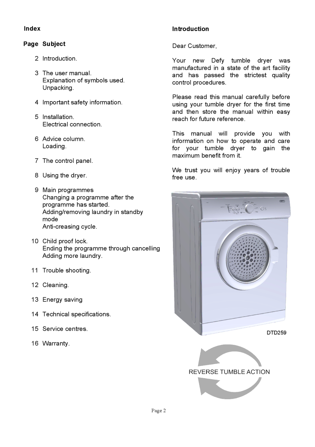 Defy Appliances DTD259, DTD258 manual =1 # 