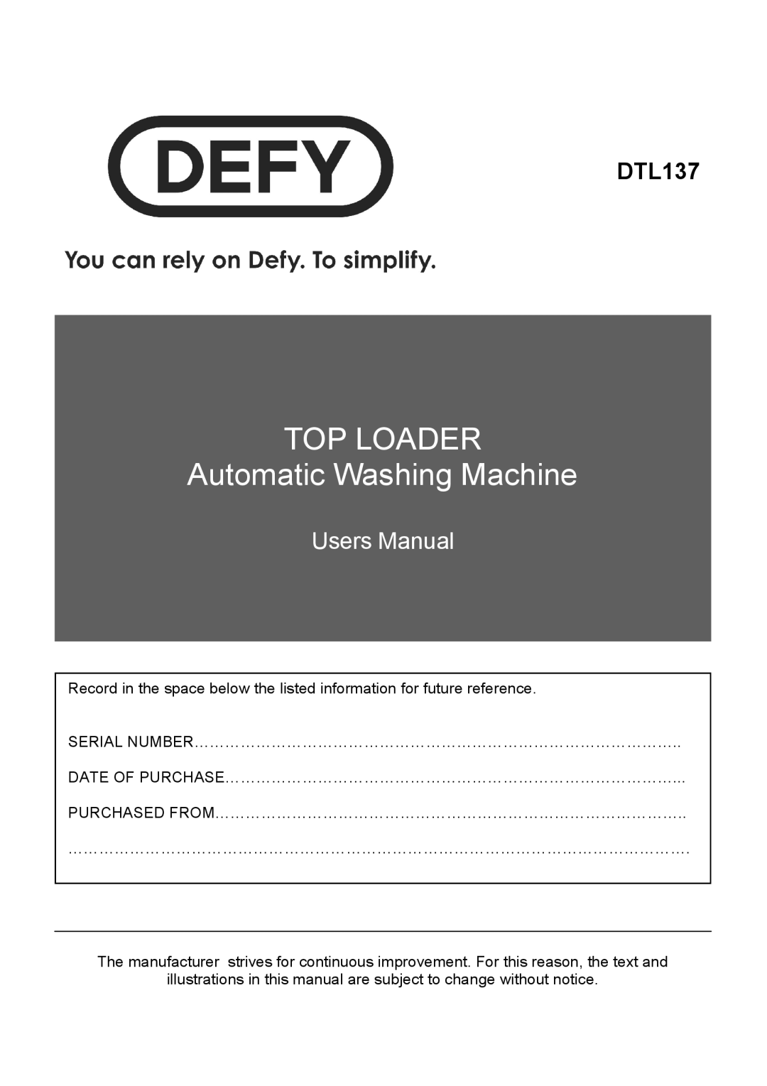 Defy Appliances DTL 137 manual #$% 