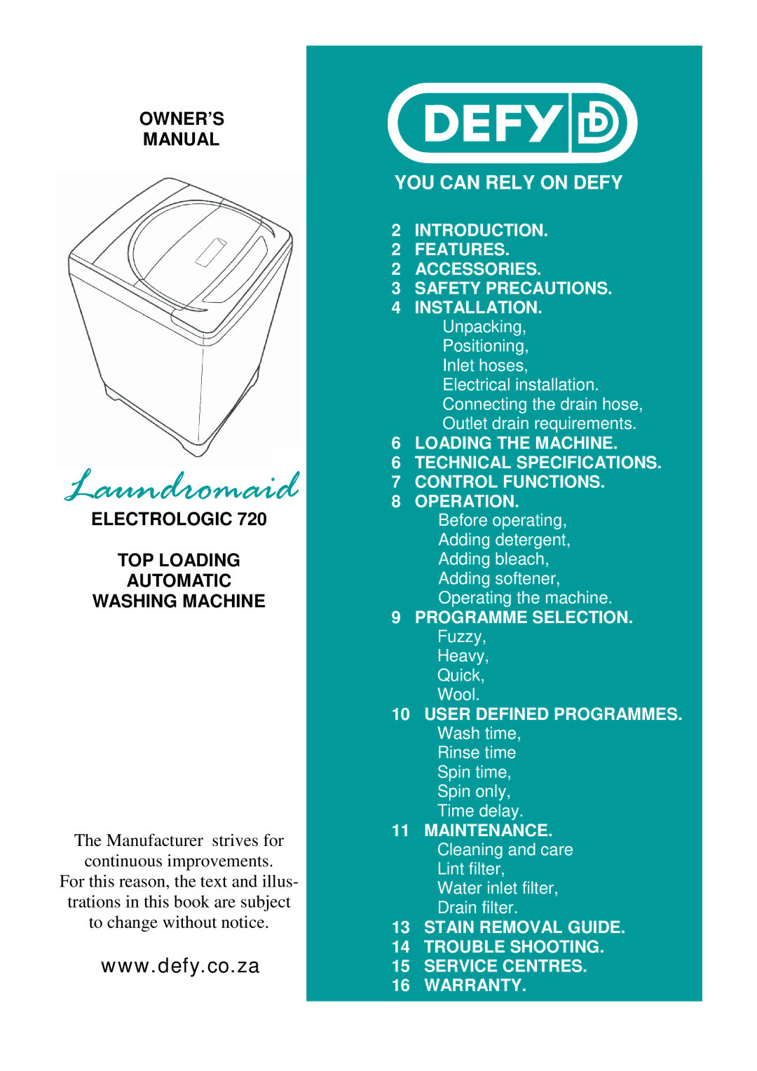 Defy Appliances ELECTROLOGIC 720 owner manual Laundromaid 