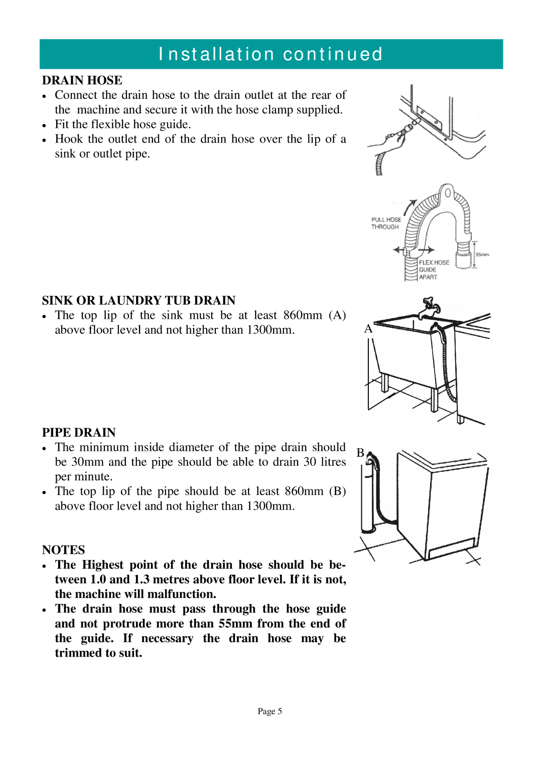 Defy Appliances ELECTROLOGIC 720 owner manual Drain Hose, Sink or Laundry TUB Drain, Pipe Drain 