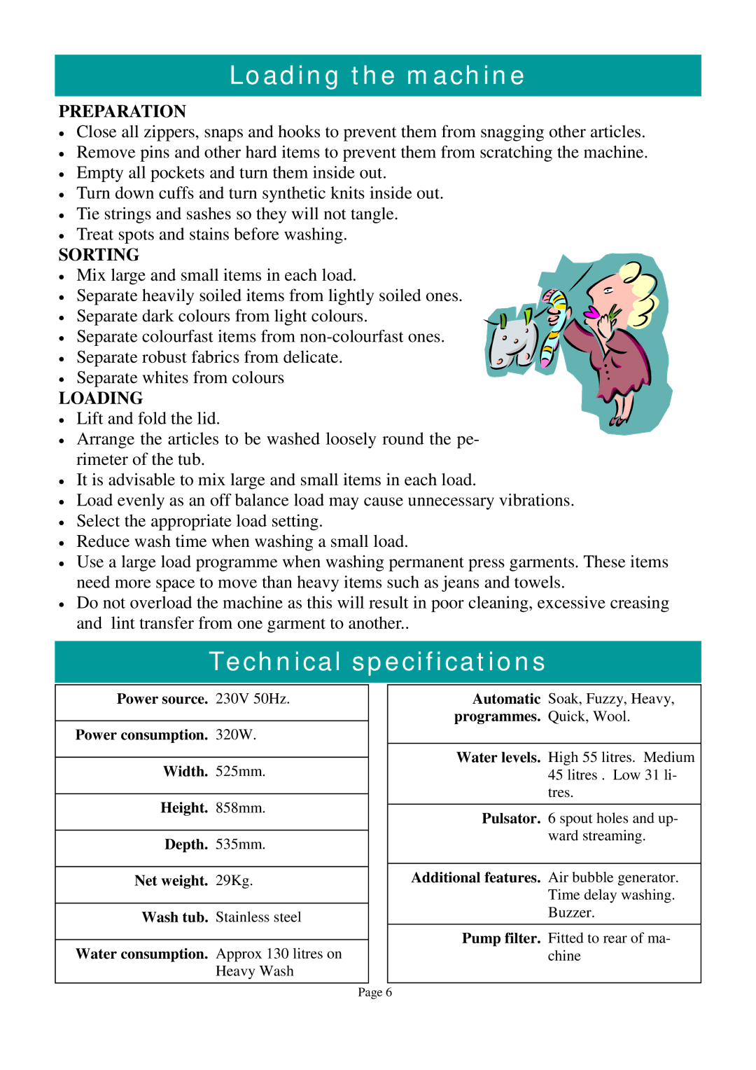 Defy Appliances ELECTROLOGIC 720 owner manual Loading the machine, Technical specifications, Preparation, Sorting 