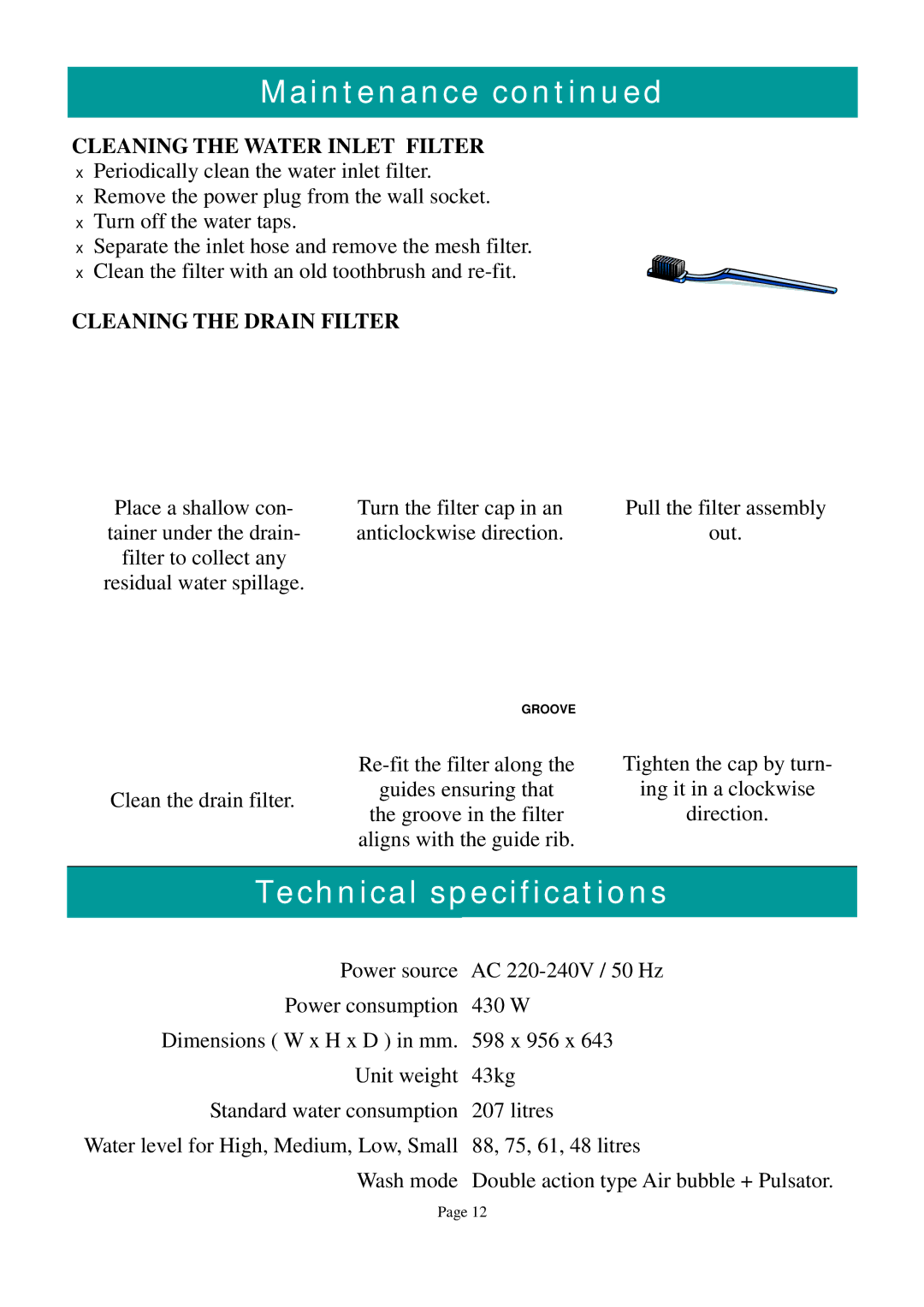 Defy Appliances Electrologic 920 Technical specifications, Cleaning the Water Inlet Filter, Cleaning the Drain Filter 