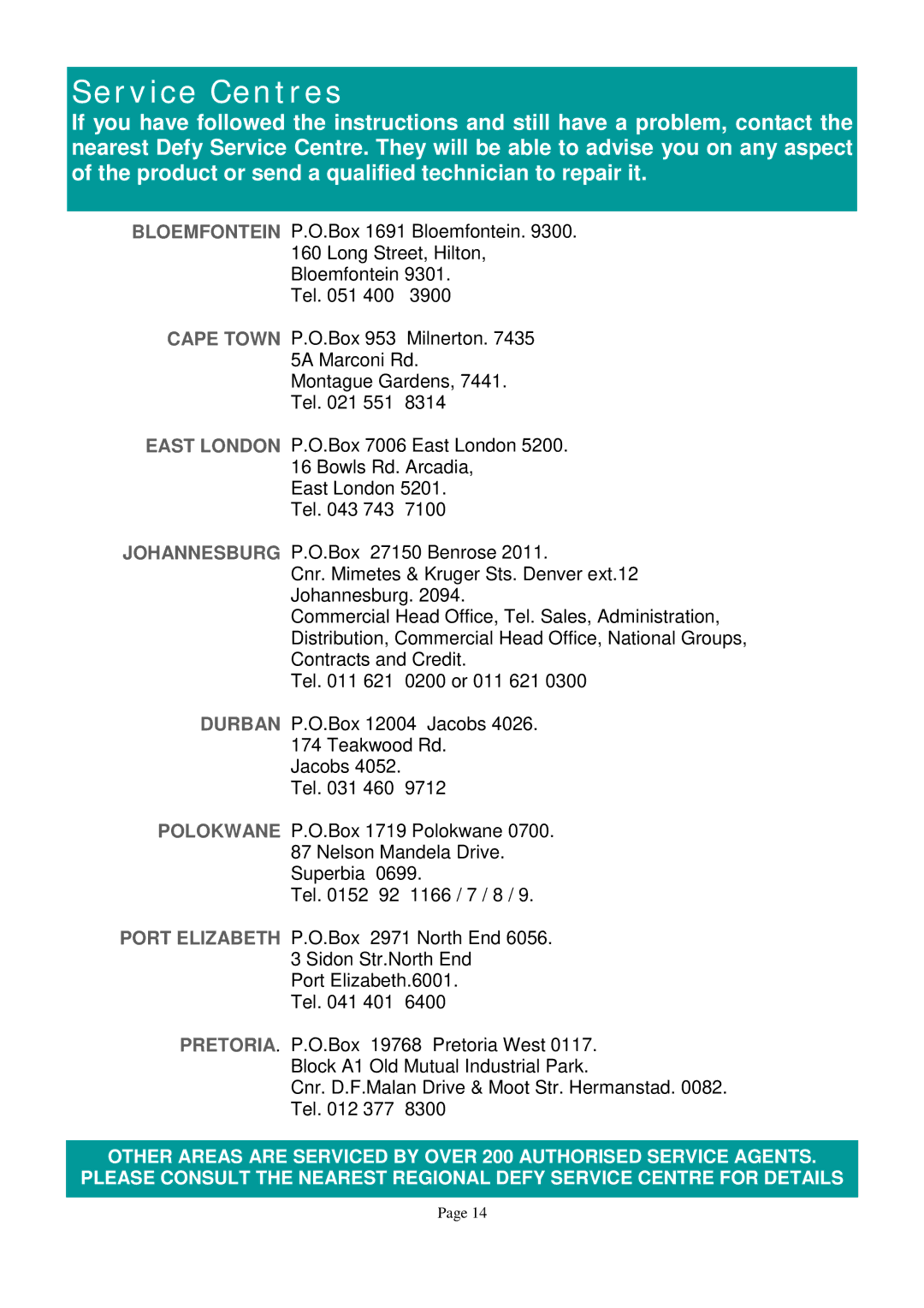 Defy Appliances Electrologic 920 owner manual Service Centres 