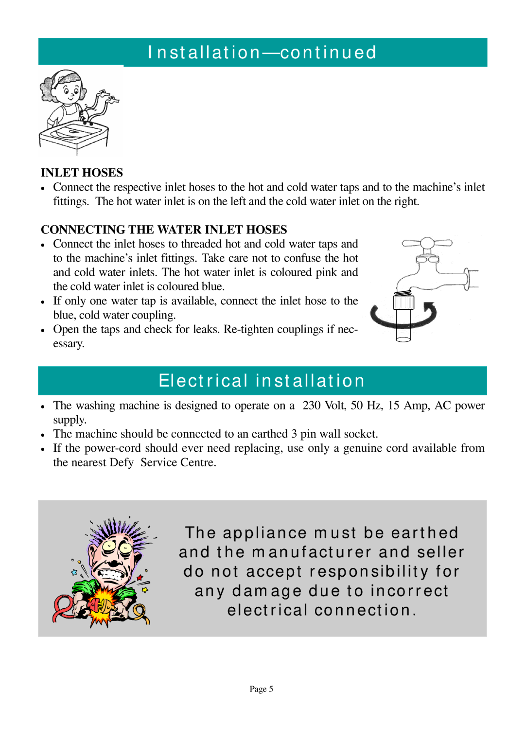 Defy Appliances Electrologic 920 owner manual Electrical installation, Connecting the Water Inlet Hoses 