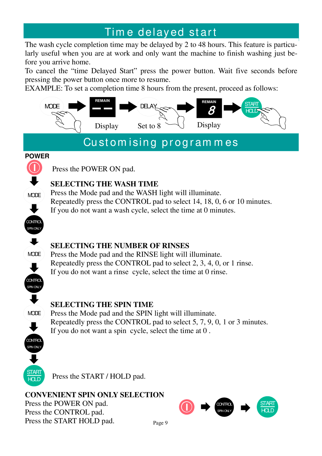 Defy Appliances Electrologic 920 owner manual Time delayed start, Customising programmes, Selecting the Wash Time 