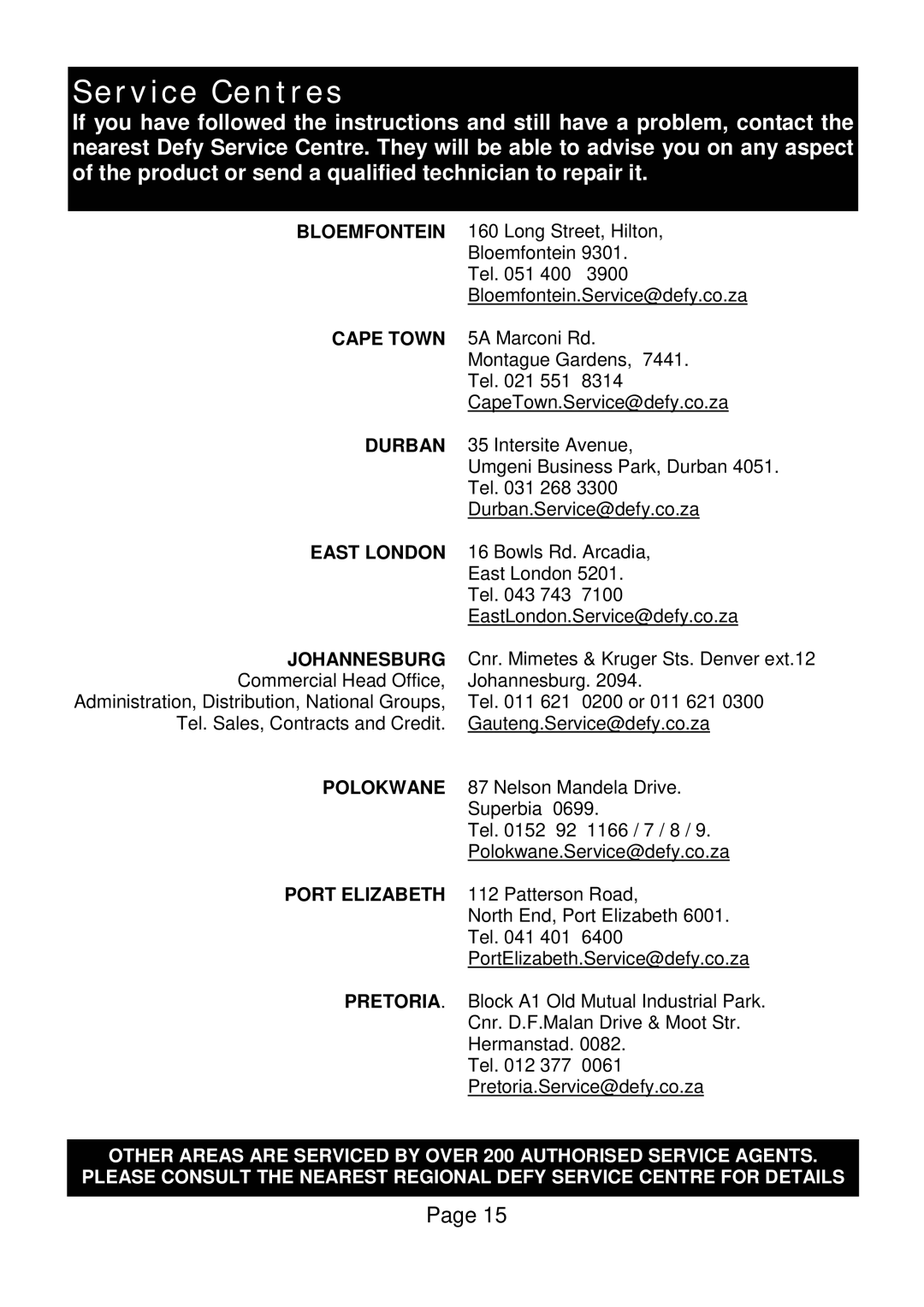 Defy Appliances F 600 LM owner manual Service Centres 