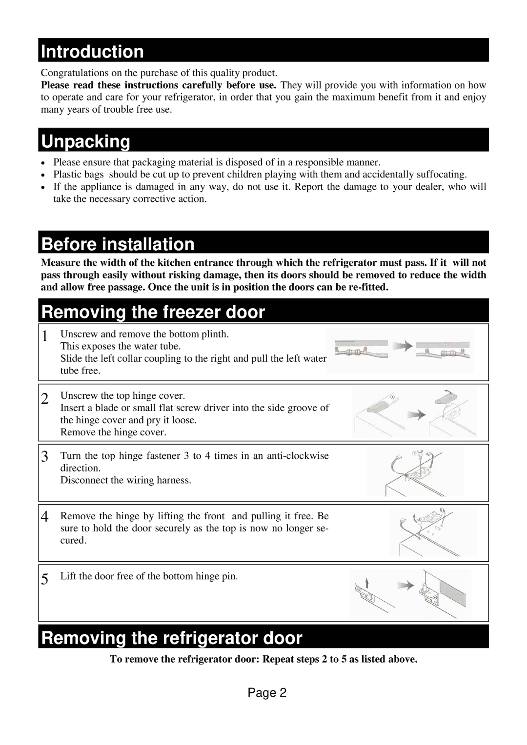 Defy Appliances F 600 LM owner manual Introduction, Unpacking, Before installation, Removing the freezer door 