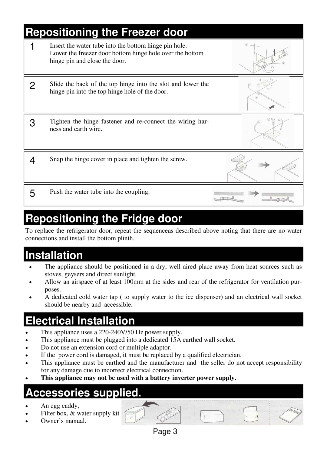 Defy Appliances F 600 LM Repositioning the Freezer door, Repositioning the Fridge door, Installation, Accessories supplied 