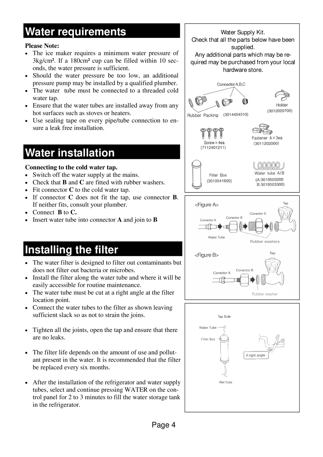 Defy Appliances F 600 LM owner manual Water requirements, Water installation, Installing the filter 