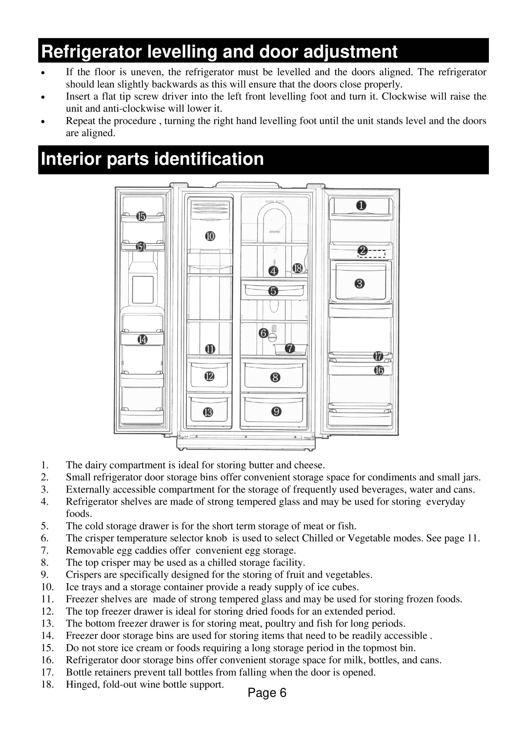 Defy Appliances F 600 LM owner manual Refrigerator levelling and door adjustment, Interior parts identification 