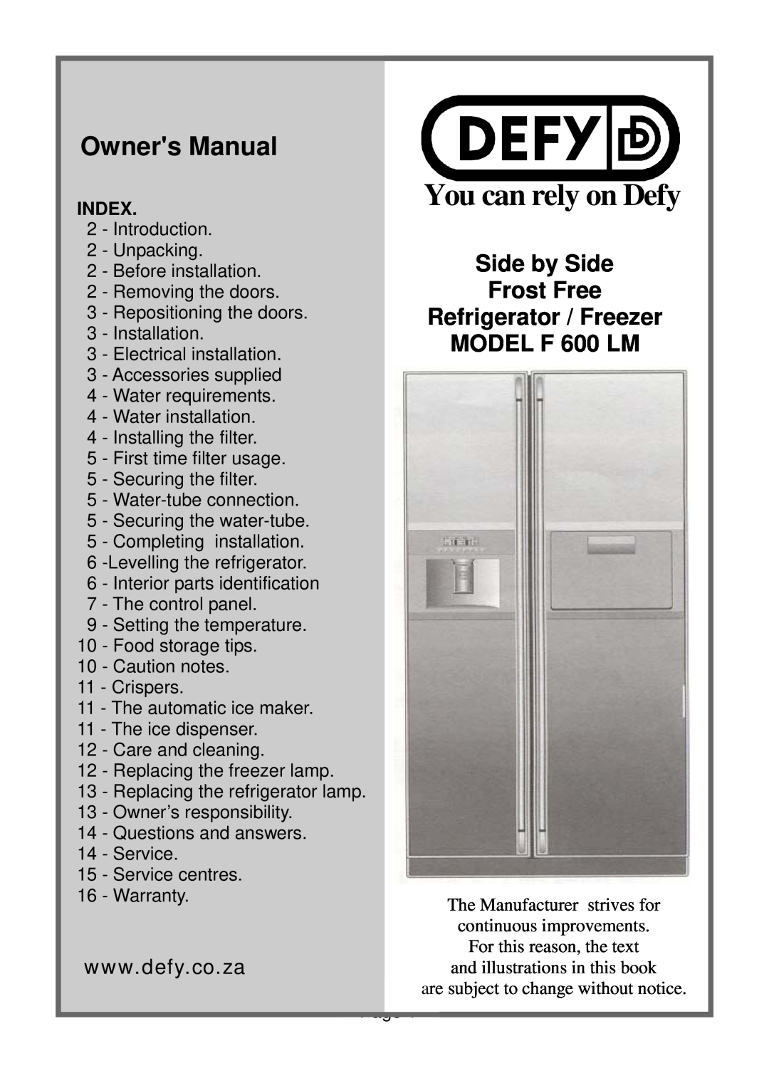 Defy Appliances F 600 LM owner manual Index, You can rely on Defy, Side by Side Frost Free Refrigerator / Freezer 