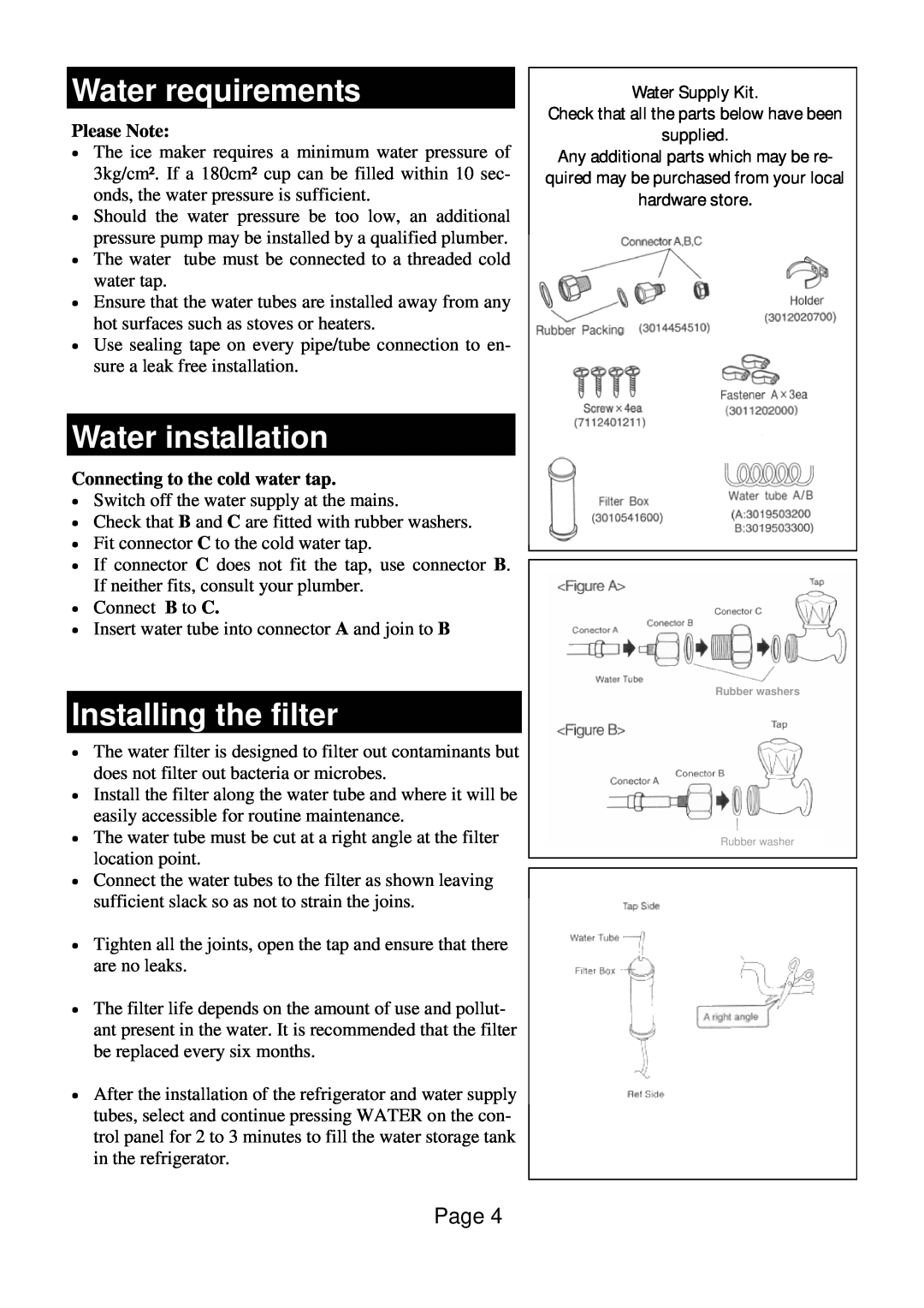 Defy Appliances F 600 LM owner manual Water requirements, Water installation, Installing the filter, Water Supply Kit 