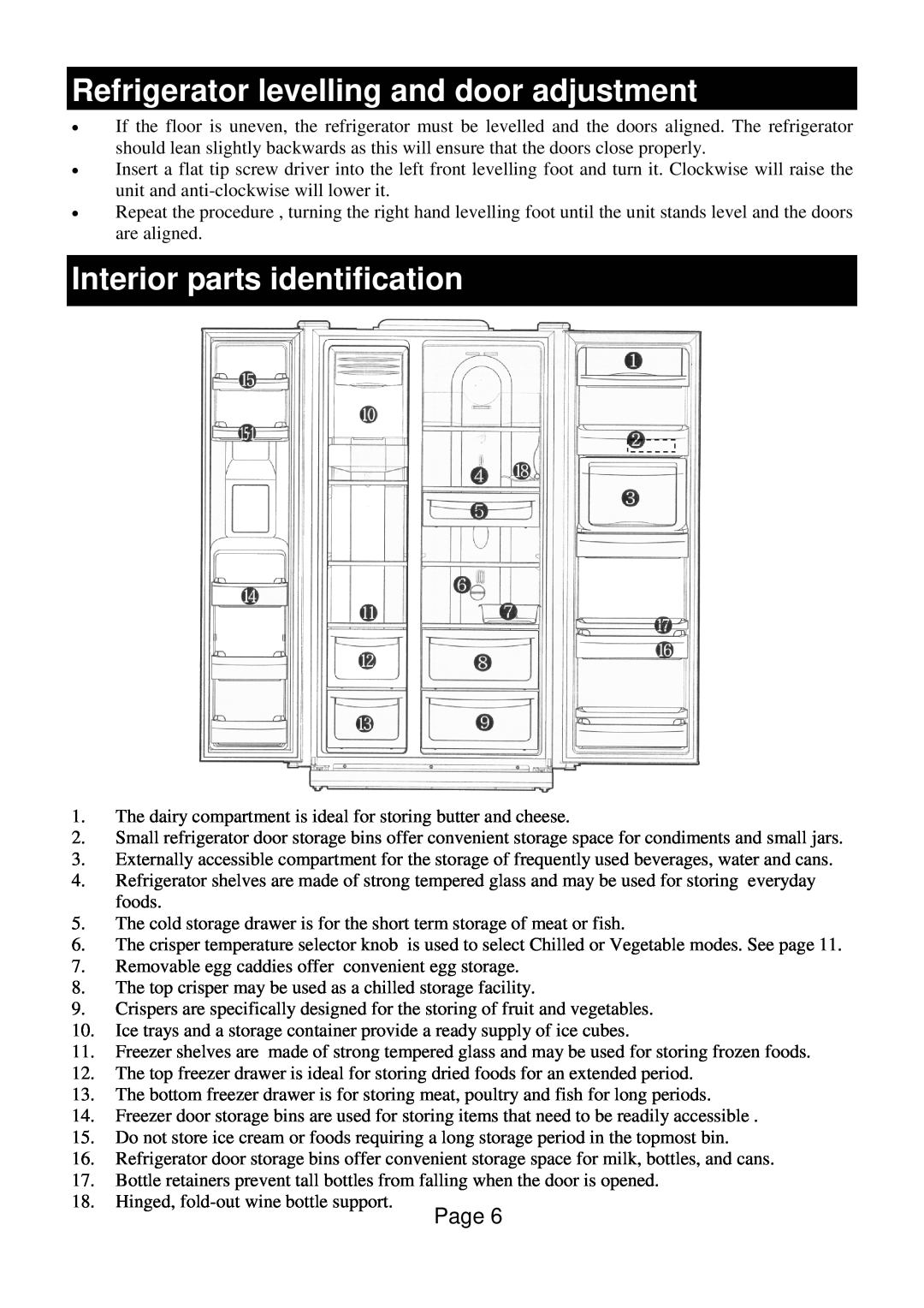 Defy Appliances F 600 LM owner manual Refrigerator levelling and door adjustment, Interior parts identification 