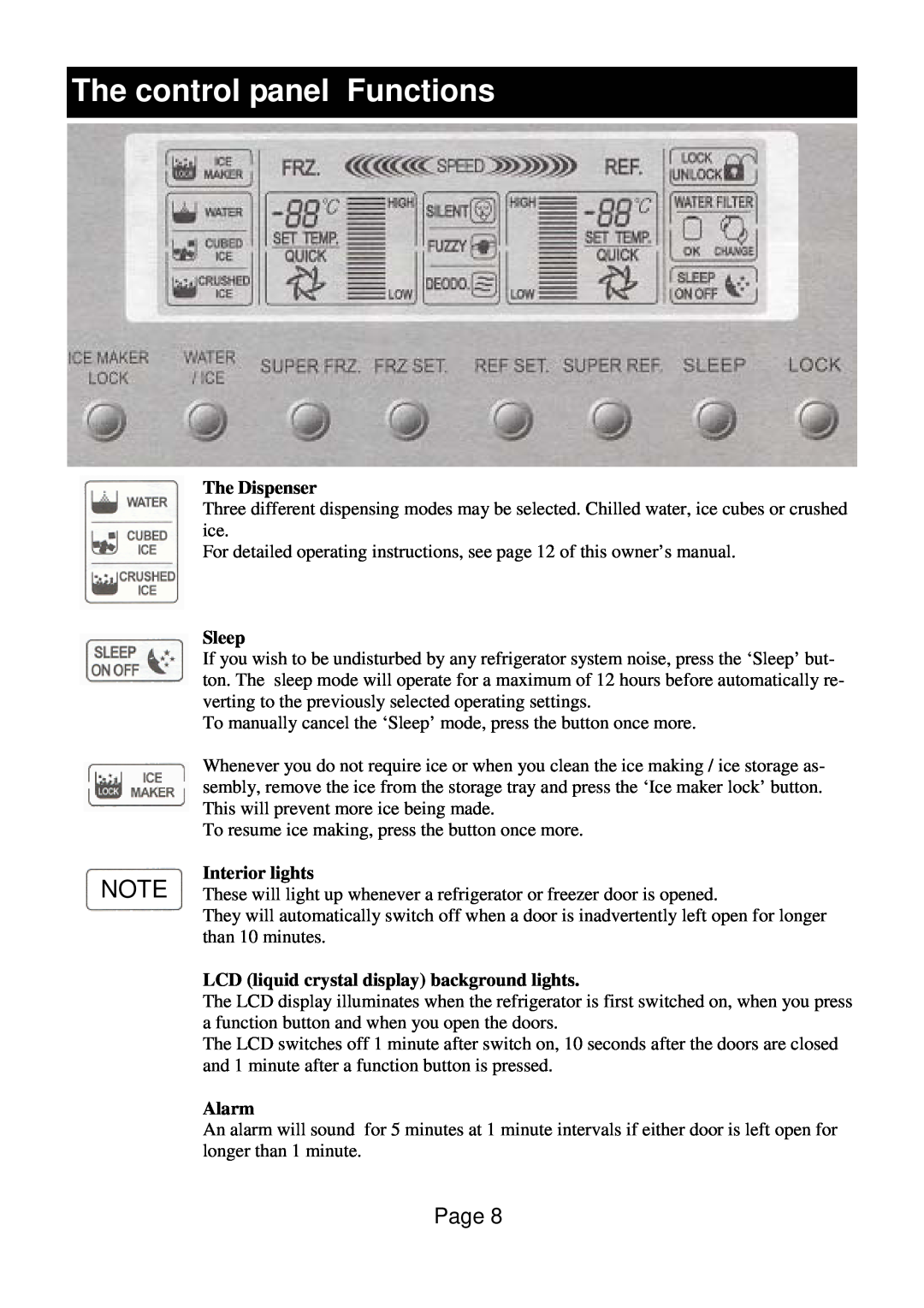 Defy Appliances F 600 LM owner manual The control panel Functions, The Dispenser, Sleep, Interior lights, Alarm 