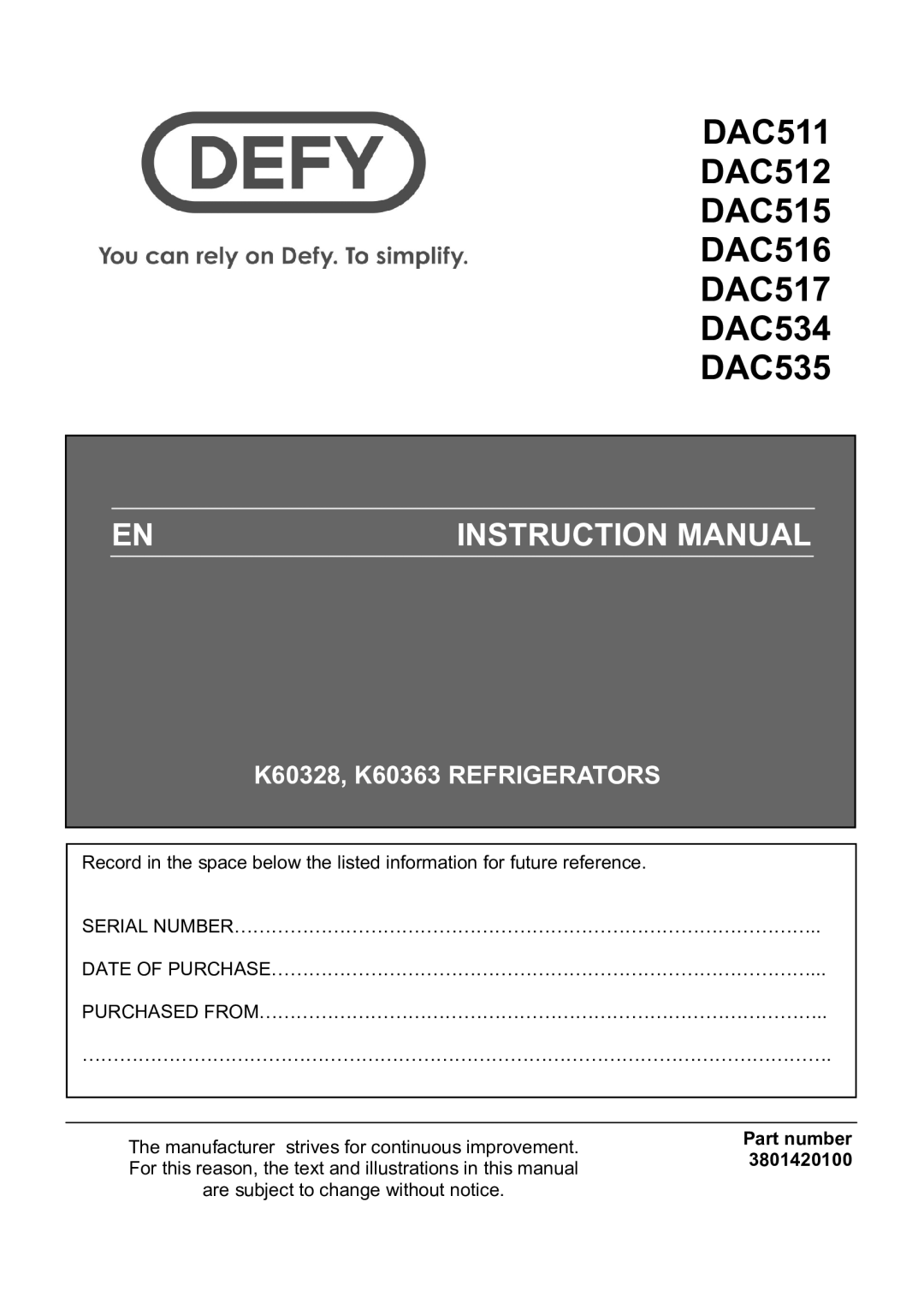 Defy Appliances K60328, K60363 manual #!$ 