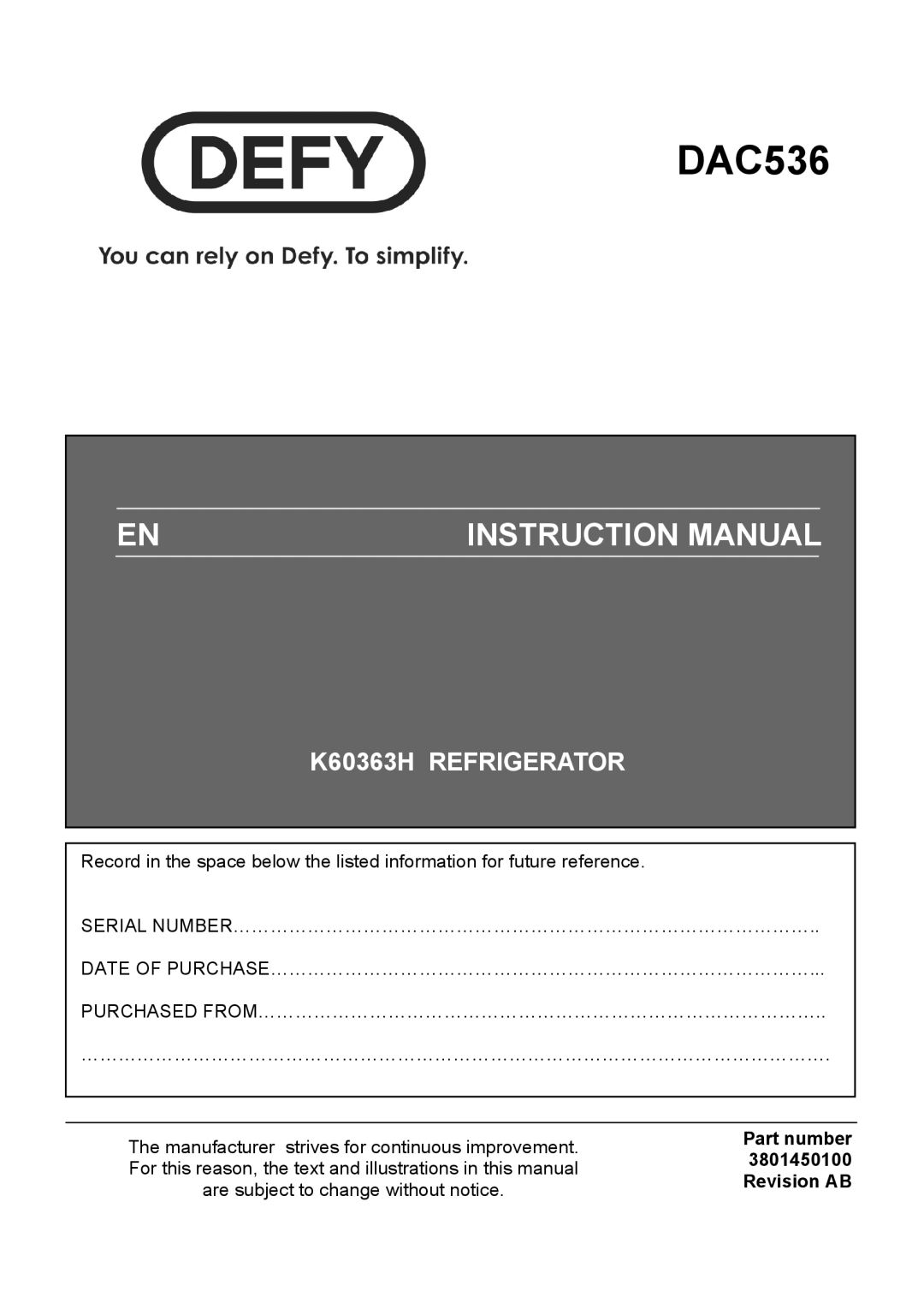 Defy Appliances K60363H manual $%#&# 